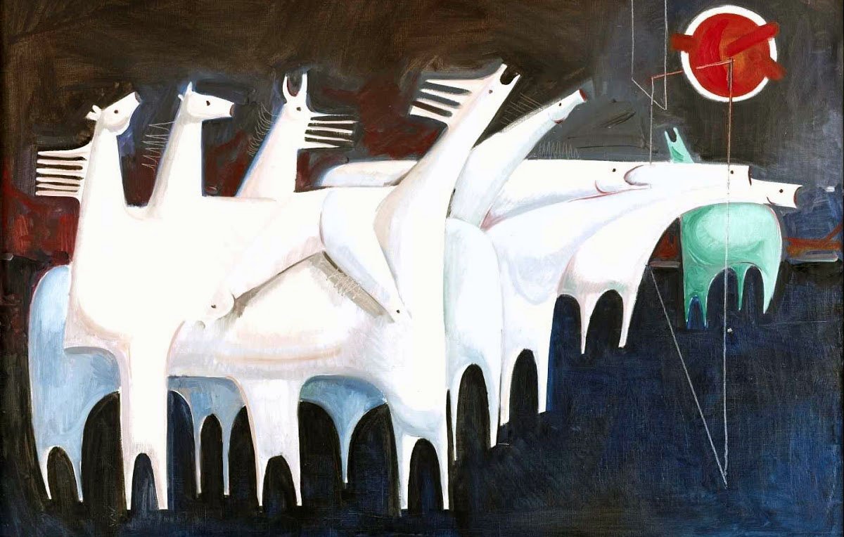 L'image représente une scène abstraite avec plusieurs chevaux stylisés, principalement de couleur blanche. Leur forme est simplifiée, et ils semblent se mouvoir ensemble dans une composition dynamique. En arrière-plan, on peut voir des nuances sombres, tandis qu'un cercle rouge éclatant attire l'attention sur la partie supérieure de l'œuvre. Un cheval de couleur verte se distingue parmi les autres, ajoutant une touche de couleur contrastante. L'ensemble crée une atmosphère à la fois rythmée et harmonieuse.