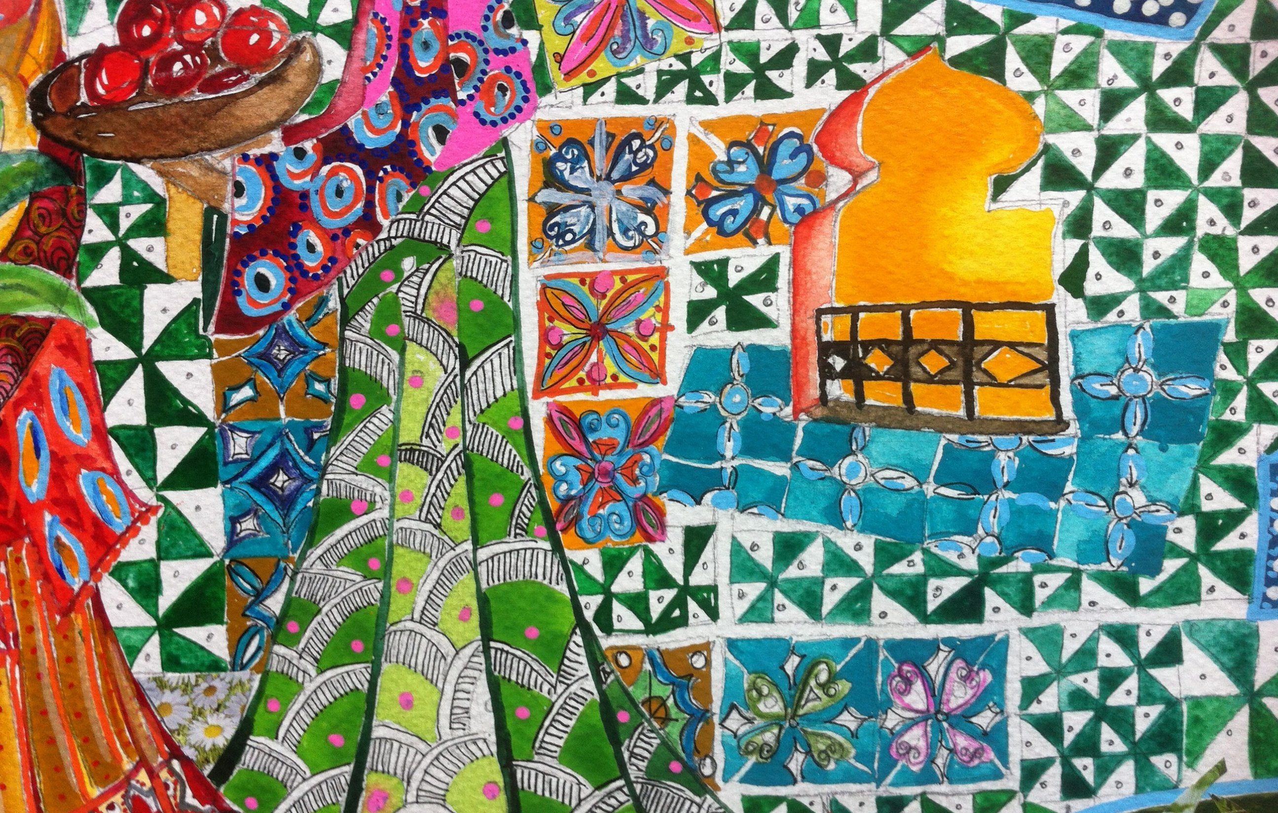 L'image montre une scène colorée avec un personnage en robe ornée, tenant un plat de fruits. Les murs environnants sont décorés de motifs géométriques et de fleurs, utilisant des teintes vibrantes comme le vert, le bleu et l'orange. Une fenêtre en forme de croisée laisse entrevoir une lumière chaude, ajoutant une touche ensoleillée à l'ensemble. L'atmosphère est à la fois festive et traditionnelle, évoquant des influences artistiques riches.