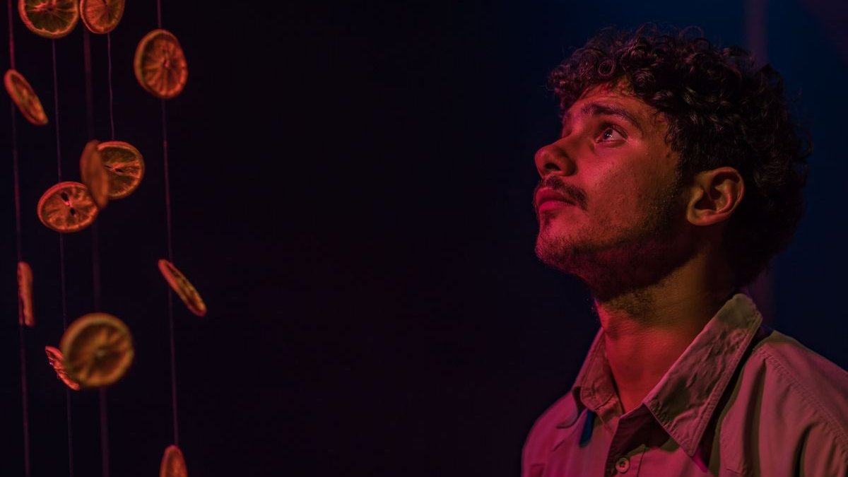 L'immagine mostra un giovane uomo che osserva con meraviglia degli agrumi essiccati appesi in aria. La sua espressione è attenta e sognante, mentre le luci soffuse creano un'atmosfera suggestiva. I colori caldi degli agrumi contrastano con il fondo scuro, enfatizzando la bellezza dell'installazione.