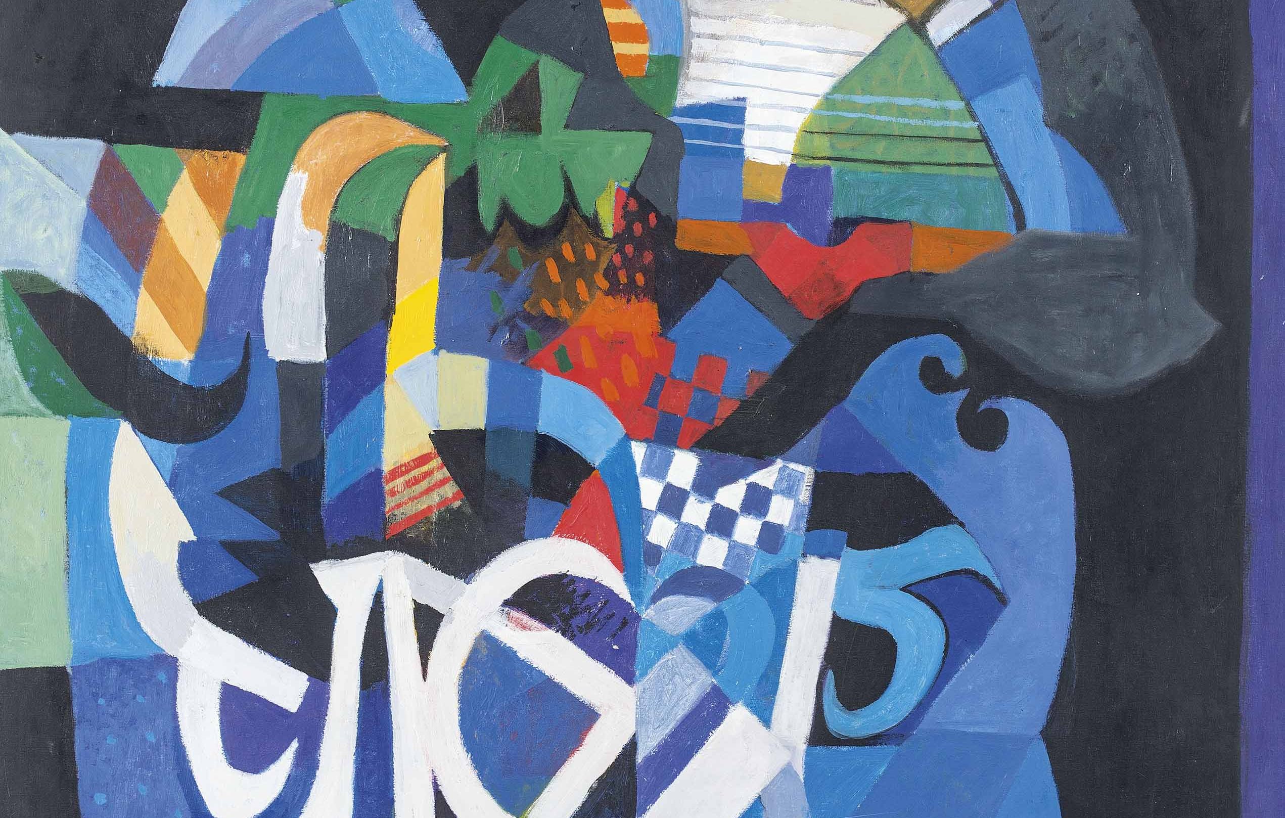 L'image est une œuvre d'art abstraite qui utilise une palette de couleurs vives, notamment des bleus, des verts, des rouges et des blancs. Les formes géométriques et organiques se mêlent, créant une composition dynamique et expressive. On peut discerner des motifs enchevêtrés qui semblent évoquer une certaine fluidité, tandis que des lettres blanches apparaissent au centre, ajoutant une dimension graphique à l'ensemble. Le fond sombre accentue les couleurs éclatantes des formes, donnant une impression de profondeur. Dans l'ensemble, l'œuvre évoque une belle harmonie entre abstraction et symbolisme.