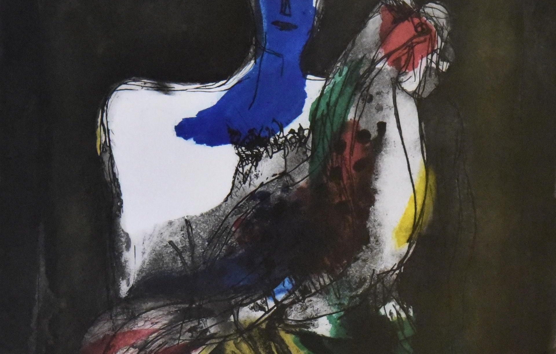 L'image représente une silhouette stylisée d'une figure humaine, avec une peau de couleur bleu vif. La personne semble tenir un drapé coloré avec des nuances de rouge, jaune et vert. Le fond est sombre, mettant en valeur les couleurs vives de la figure et du drapé. Le style semble être influencé par l'art moderne, avec des lignes fluides et des formes abstraites.