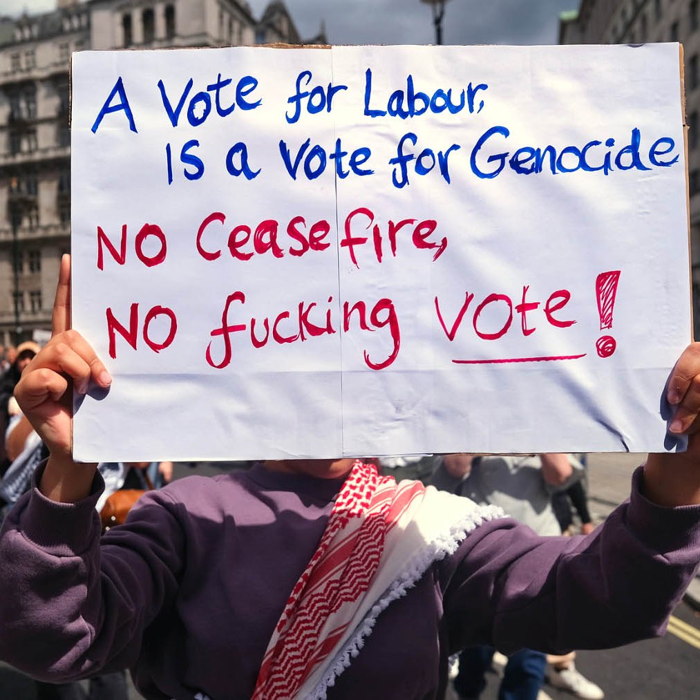 The image shows a protest scene with demonstrators in the background. In the foreground, a person is holding a sign that reads, "A Vote for Labour is a Vote for Genocide. NO Ceasefire, NO fucking VOTE!" The atmosphere appears to be charged with political activism, indicating strong sentiments regarding a current political issue.