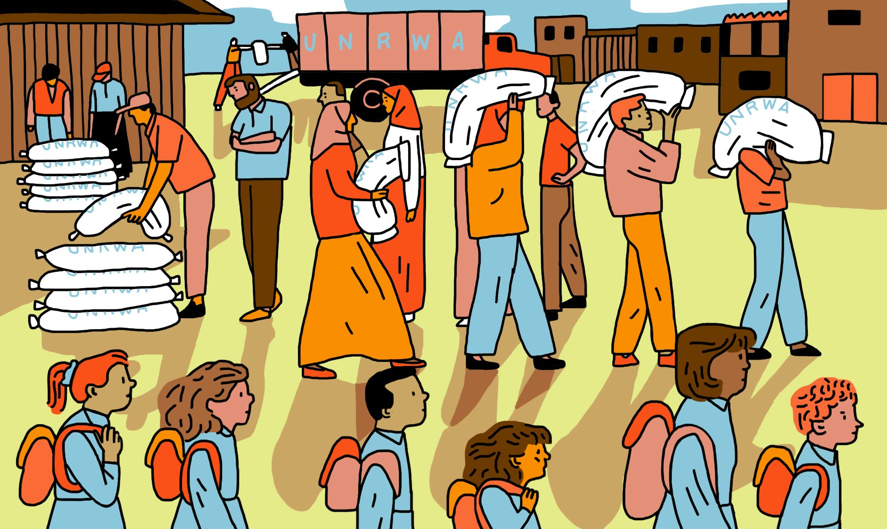 L'image représente une scène où un groupe de personnes est impliqué dans une distribution de biens. On voit des individus portant des sacs, probablement de nourriture ou de fournitures, avec le logo de l'UNRWA visible sur les sacs. Certaines personnes, dont des enfants avec des sacs à dos, se déplacent en ligne. L'arrière-plan montre des bâtiments et un véhicule de l'UNRWA, suggérant un contexte d'aide humanitaire. Les personnages sont habillés de manière variée, chacun ayant une expression concentrée sur la tâche à accomplir.
