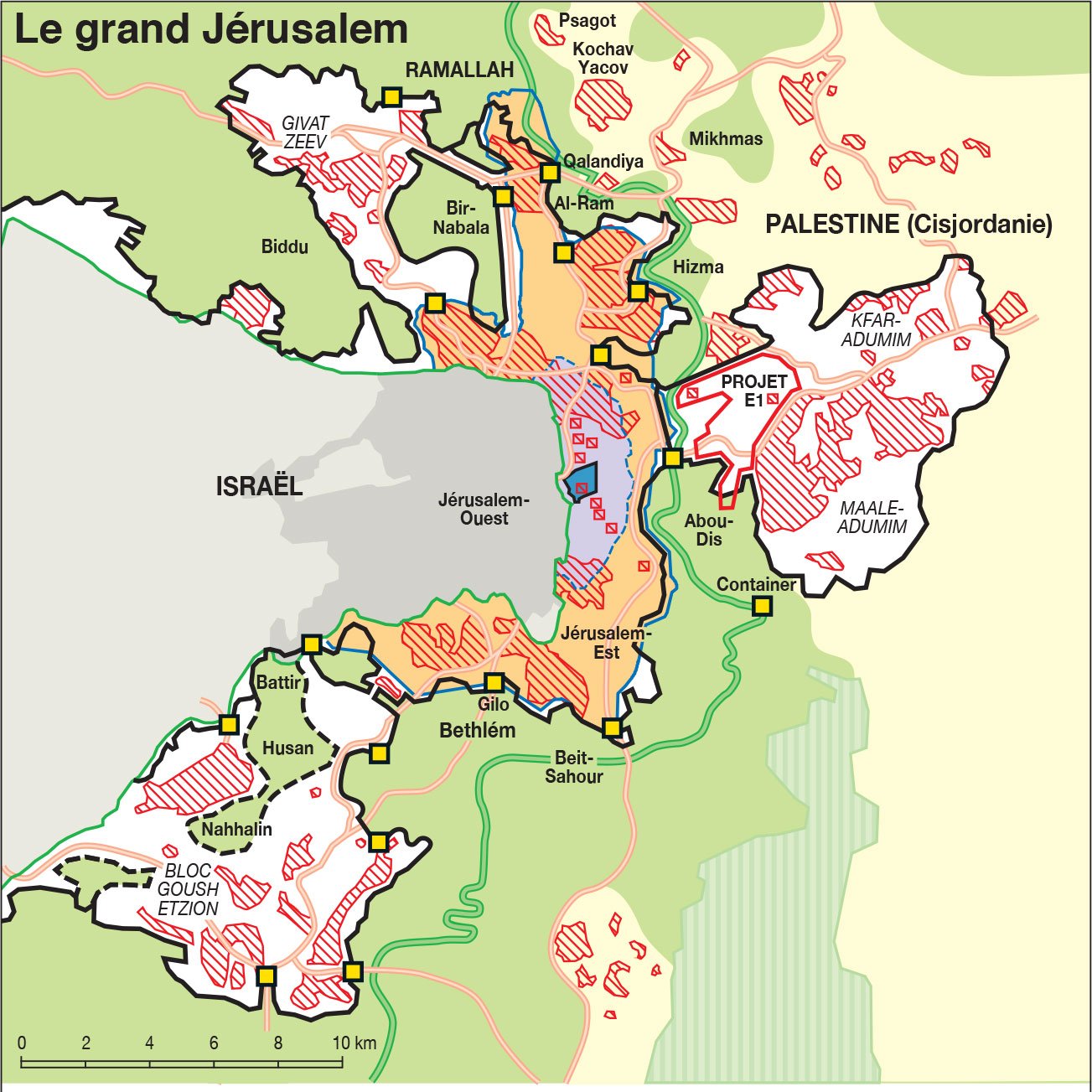 Cette image est une carte du grand Jérusalem, montrant les différentes zones géographiques et politiques de la région. Les éléments principaux de la carte incluent : - **Ligne d'armistice de 1949** : indiquée par une ligne verte, elle délimite les territoires concernés. - **Vieille ville** : mise en évidence, cette zone est d'une importance historique et culturelle. - **Jérusalem entre 1949 et 1967** : les changements de frontières sont représentés. - **Colonies et avant-postes** : situés dans certains secteurs, indiquant la présence israélienne. - **Territoires municipaux palestiniens** : ces zones sont spécifiquement désignées pour les municipalités palestiniennes. - **Mur de séparation** : indiqué en construction, représentant un projet en cours. - **Routes d'accès** : reliant divers points stratégiques, y compris des check-points. Les couleurs et motifs sur la carte servent à distinguer les différentes zones, leur statut administratif et les projets d'infrastructure.