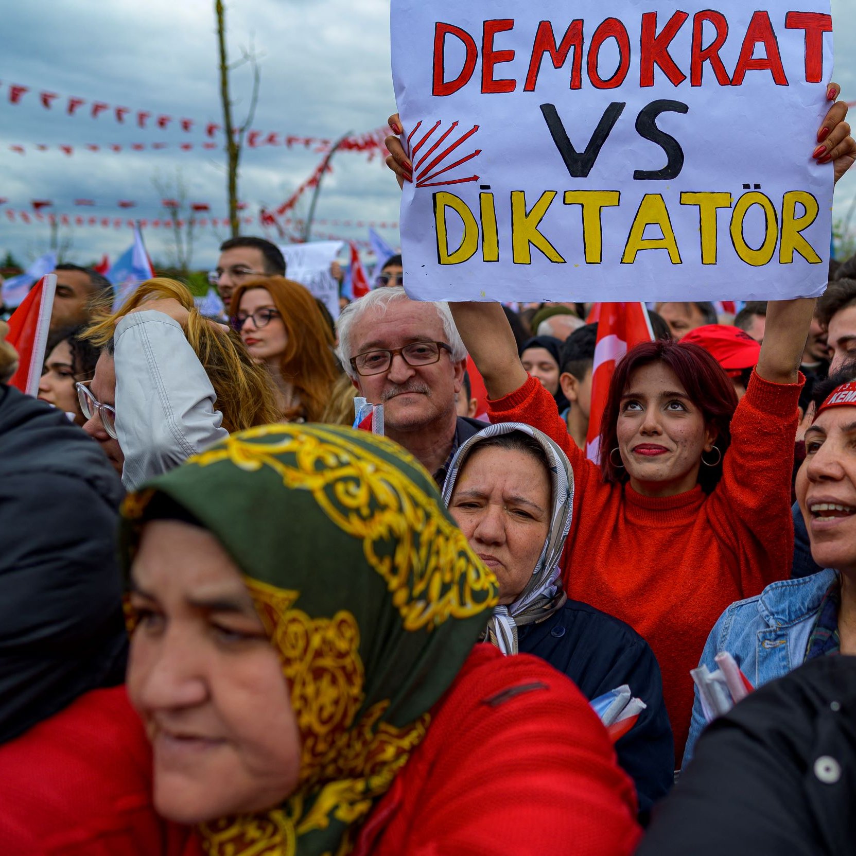 در تصویر گروهی از مردم در یک تجمع یا راهپیمایی دیده می‌شوند. در میان جمعیت، زنی با لباس قرمزرنگ و موهای قهوه‌ای که علامت‌های اعتراضی در دست دارد، جلب توجه می‌کند. او به یک تابلو که نوشته شده «دموکرات VS دیکتاتور» نگاه می‌کند. سایر افراد هم حول او قرار دارند و چهره‌های مختلفی از احساسات متفاوت را نشان می‌دهند. برخی از افراد در تصویر کلاه و شال‌گردن‌هایی با رنگ‌های ملی به سر دارند. پس‌زمینه نیز با پرچم‌ها و شعارها تزئین شده است و فضای تجمع بسیار پرشور به نظر می‌رسد.