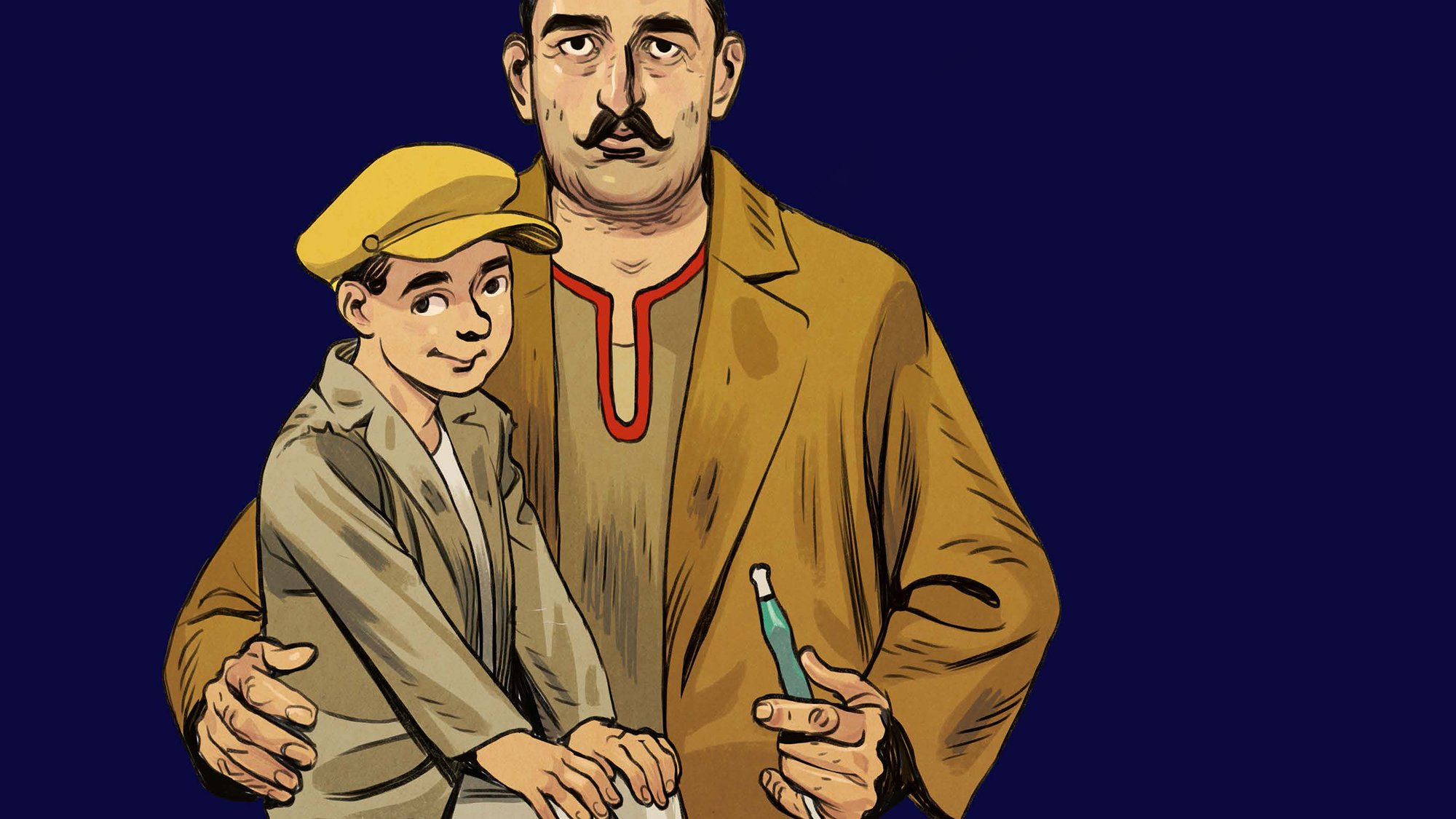 L'image représente un homme assis portant un fez rouge et des vêtements traditionnels. Il a une moustache bien fournie et semble chaleureux. Sur ses genoux se trouve un jeune garçon, également habillé de manière traditionnelle, avec une casquette jaune. À côté d'eux, il y a une narguilé, indiquant une atmosphère conviviale. Le fond de l'image est d'un bleu uni, ce qui met en valeur les personnages et leurs vêtements.