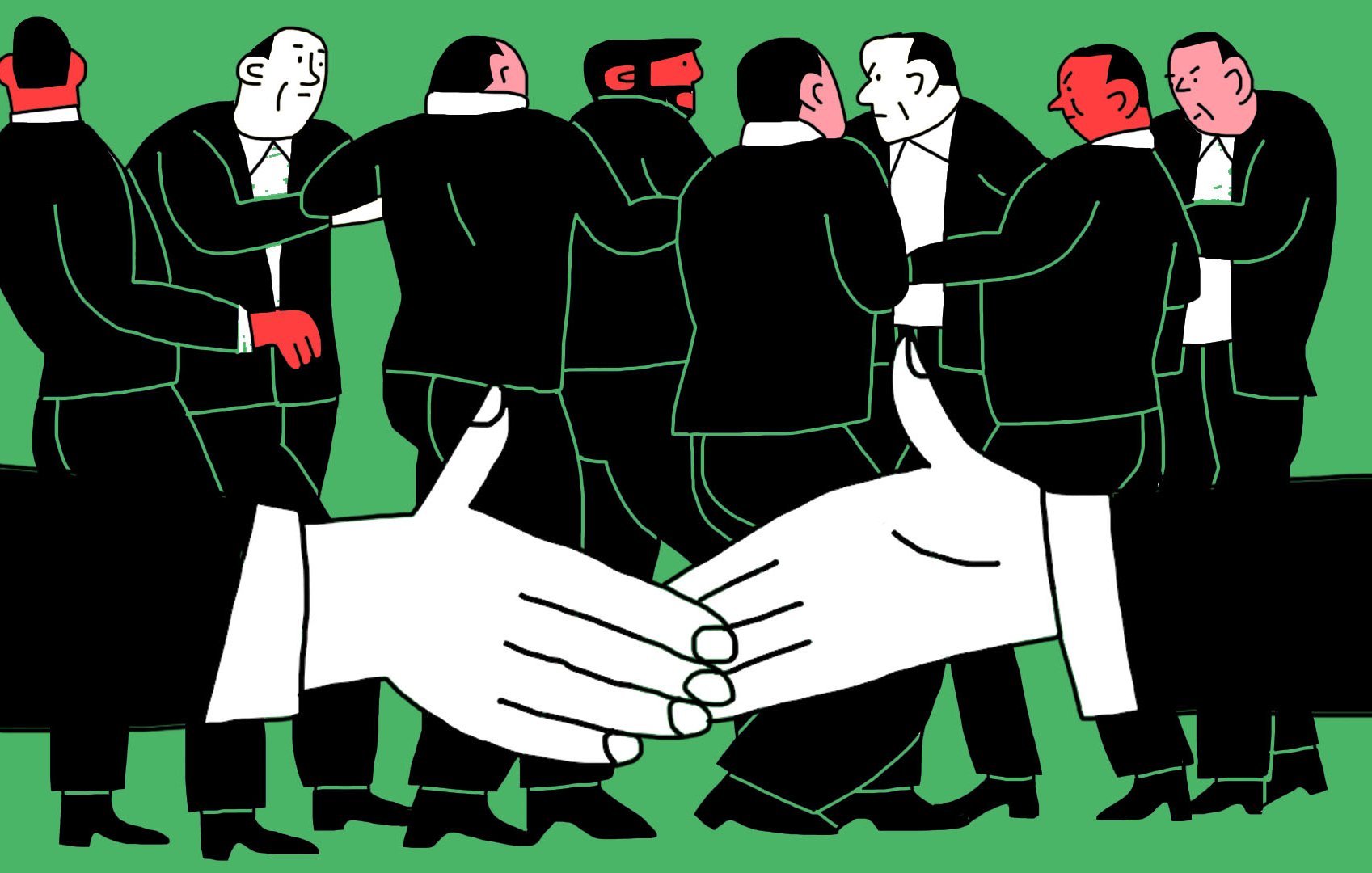 در این تصویر، گروهی از مردان با کت و شلوارهای تیره در حال گفتگو و تعامل هستند. زمینه تصویر سبز رنگ است و در جلو، دو دست بزرگ در حال دست دادن دیده می‌شوند. این تصویر به نوعی بر اهمیت تعاملات اجتماعی و روابط میان افراد تأکید می‌کند. حالات صورت‌ها و حرکات بدن شخصیت‌ها نشان‌دهنده‌ی تبادل نظر و همکاری است.