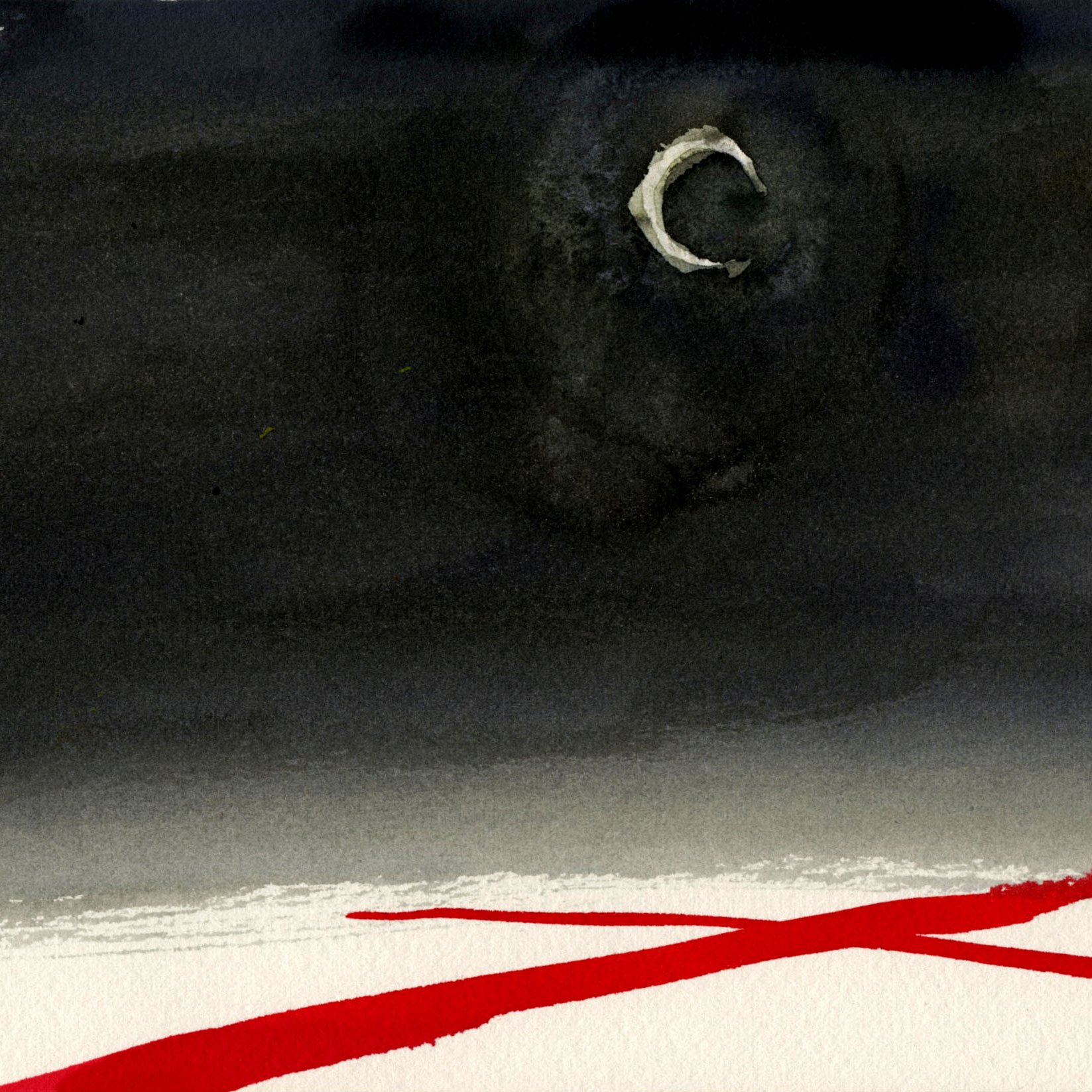 L'image présente un fond sombre, presque noir, avec une légère nuance de gris. Au centre, on peut voir une lune en croissant, qui apporte une touche lumineuse à la scène nocturne. En bas de l'image, deux lignes rouges croisées traversent le blanc, créant un contraste saisissant avec le reste des couleurs. L'ensemble dégage une atmosphère mystérieuse et dramatique.