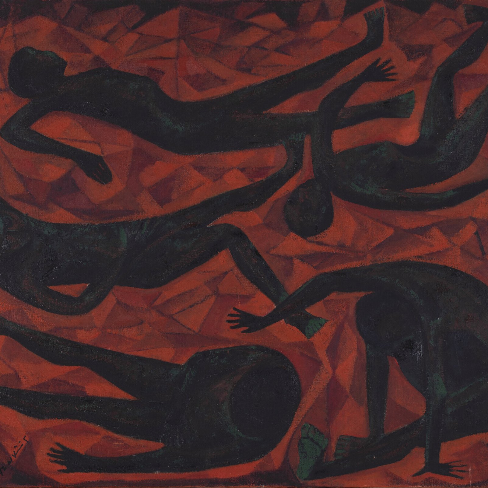 Cette image représente une composition artistique abstraite avec des silhouettes humaines. Les figures, dessinées en noir, sont disposées de manière dynamique sur un fond rouge vibrant. Leurs poses évoquent le mouvement et l'interaction, tandis que le contraste entre les silhouettes sombres et l'arrière-plan lumineux crée une forte impression visuelle. Les formes géométriques dans le fond ajoutent une dimension supplémentaire à l'œuvre, renforçant son caractère expressif et émotionnel.