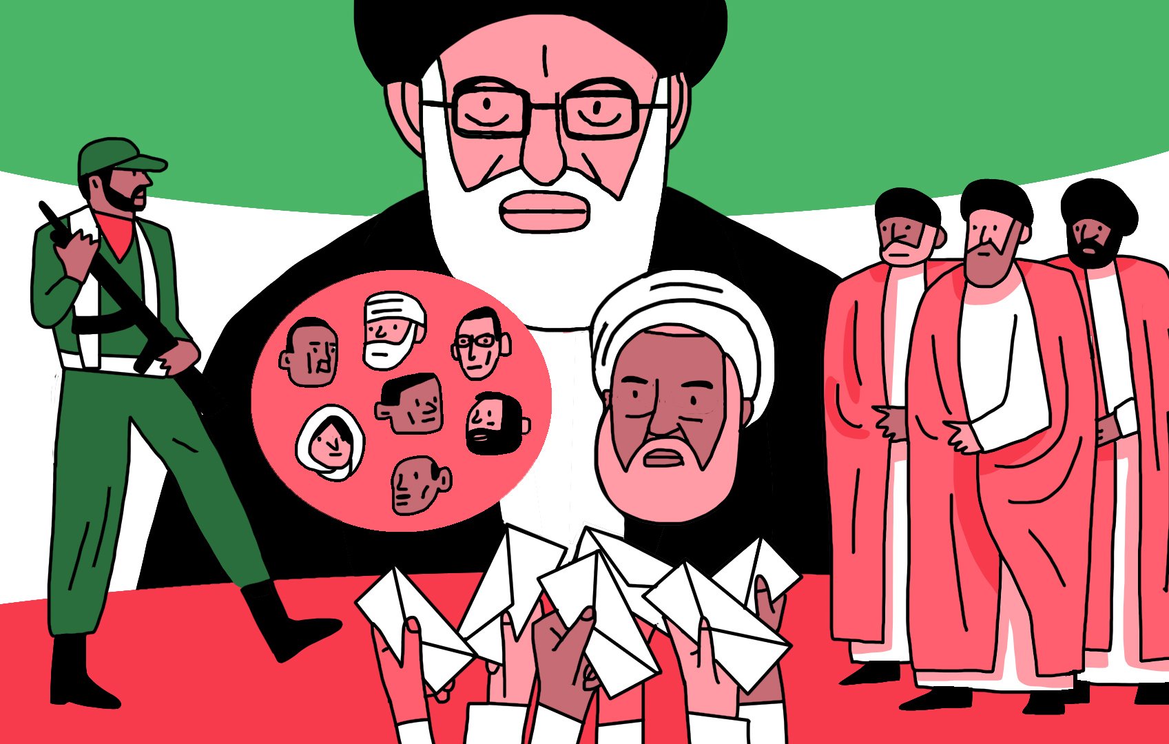 L'image présente une composition graphique où l'on peut voir un personnage central, probablement un leader religieux, entouré de divers éléments symboliques. À gauche, un homme armé symbolise la force militaire, tandis qu'à droite, un groupe de personnes se tient debout, suggérant une assemblée ou un rassemblement. Au centre, une série de visages, représentés dans un cercle, pourrait faire référence à différentes figures ou membres d'un groupe. L'arrière-plan utilise des couleurs vives, ajoutant une dimension dramatique à l'ensemble de la scène. La composition évoque des thèmes de pouvoir, d'autorité et de représentation.