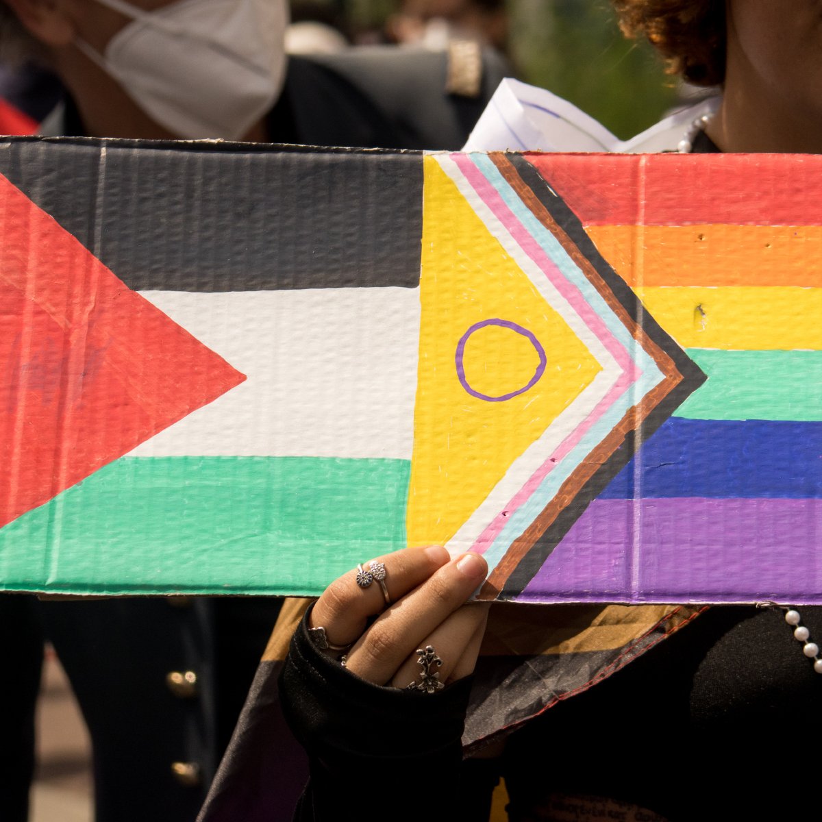 Cette image montre une personne tenant une pancarte colorée. La pancarte combine le drapeau palestinien, reconnaissable par ses bandes horizontales noire, blanche et verte avec un triangle rouge à gauche, et le drapeau Progress Pride, qui inclut les couleurs de l'arc-en-ciel ainsi que des bandes supplémentaires pour représenter la communauté transgenre et les personnes de couleur. La personne semble être en extérieur et porte une perle autour du cou ainsi que plusieurs bagues. Une autre personne portant un masque blanc est visible à l'arrière-plan.