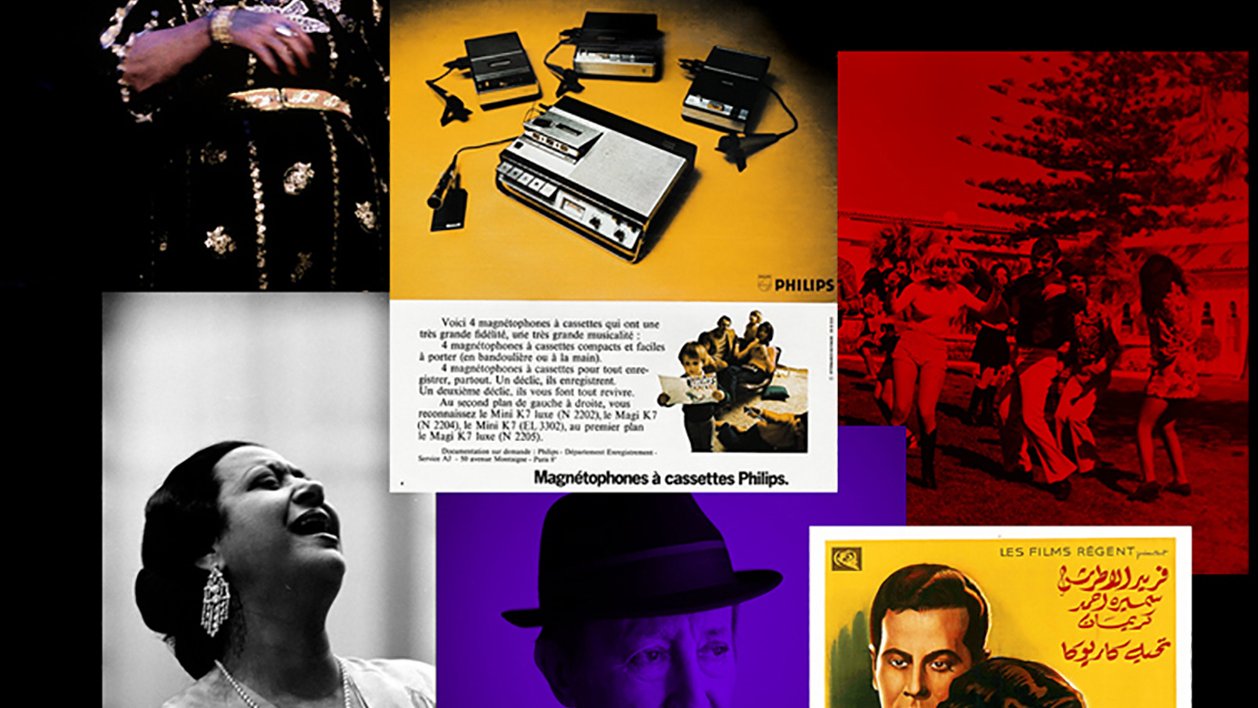 L'image présente un collage composé de plusieurs éléments. On y voit une femme en costume traditionnel, probablement en train de chanter ou de danser. Il y a aussi des affiches vintage, y compris une promotion pour un magnétophone à cassettes de la marque Philips. On distingue des scènes de la vie urbaine nocturne, avec des lumières colorées et des gens dans différents contextes, ainsi qu'une affiche de film avec des personnages. L'ensemble évoque une fusion entre culture, technologie et nostalgie.