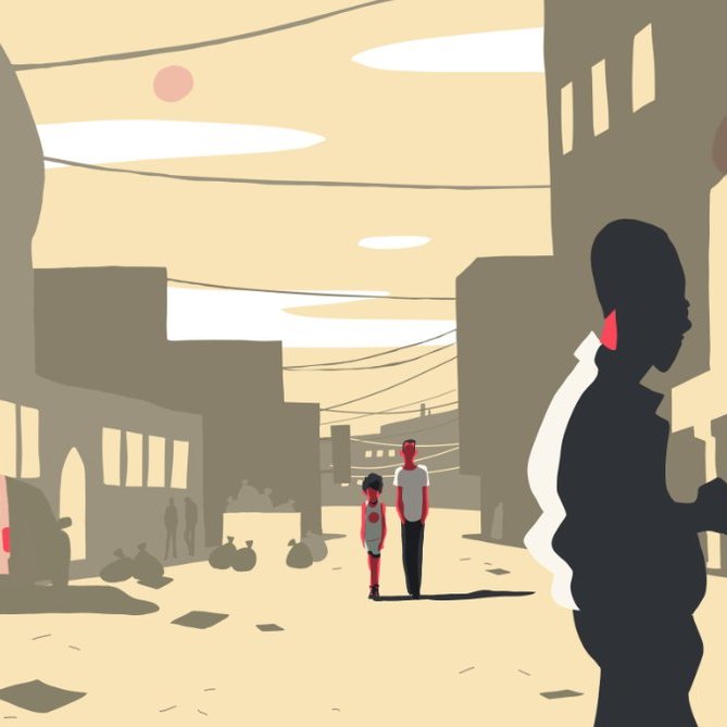 L'image présente une scène de rue stylisée, avec des silhouettes humaines et des bâtiments en arrière-plan. À gauche, une figure se distingue par des traits marquants et des couleurs vives. Au centre, deux personnes marchent ensemble, tandis que d'autres silhouettes se déplacent sur les côtés. L'ambiance est teintée de chaleur, avec un ciel jaune et des éléments de paysage urbain, comme des voitures et des lignes électriques. L'ensemble dégage une atmosphère à la fois animée et paisible.