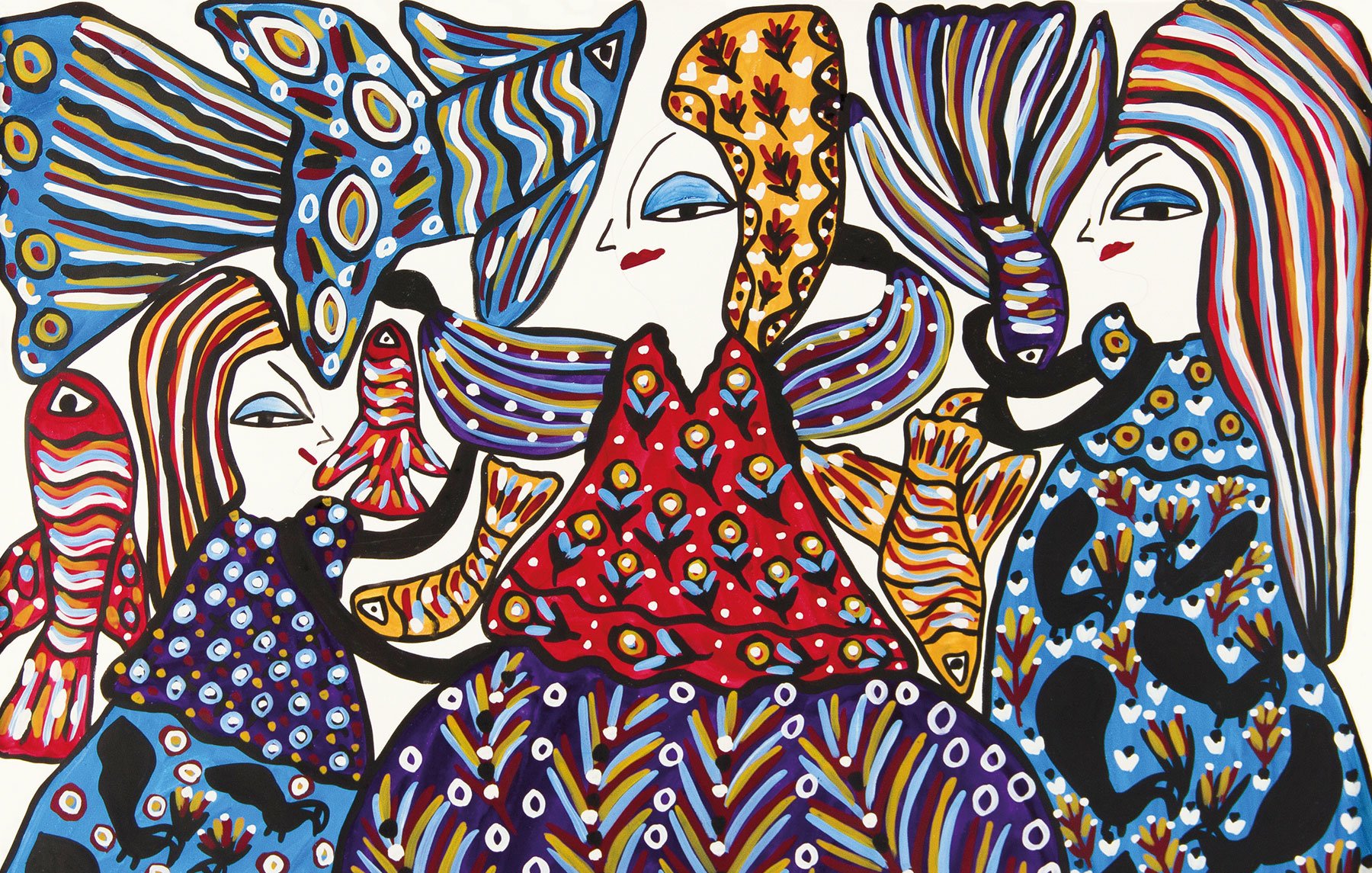 L'image présente une composition colorée et expressive, avec plusieurs figures stylisées entourées de motifs vibrants. Les personnages, principalement féminins, sont ornés de vêtements aux motifs géométriques et colorés, évoquant la nature et l'eau. Ils tiennent des poissons, ajoutant une dynamique marine à la scène. Les traits des visages sont accentués, avec des yeux allongés et des lèvres stylisées, créant une atmosphère à la fois ludique et intrigante. L'ensemble transmet une énergie joyeuse et une célébration de la vie maritime.