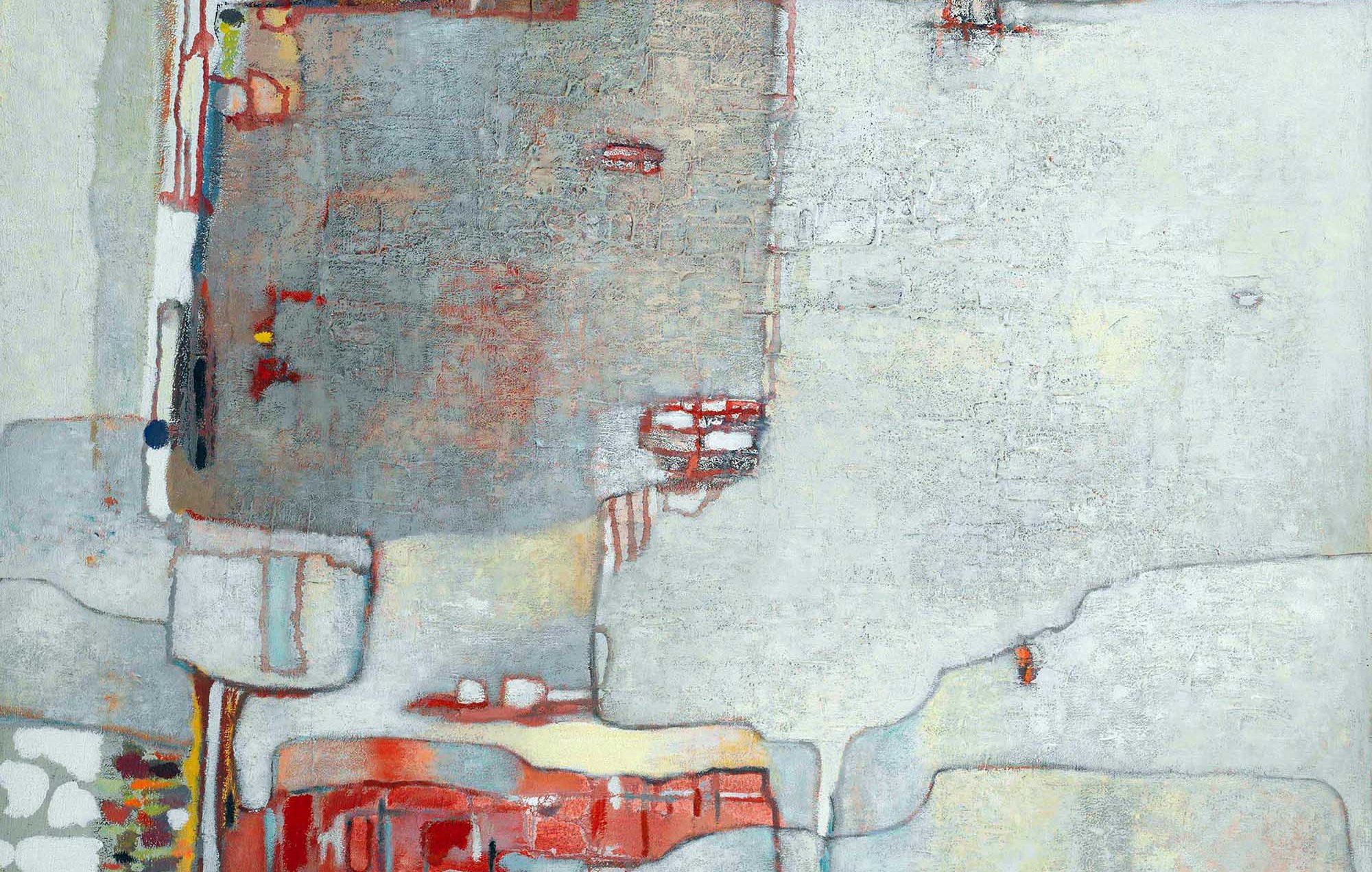 L'image représente une œuvre abstraite avec des tons de gris, de blanc et des touches de couleur comme le rouge et le jaune. Les formes sont géométriques et semblent entrelacées, créant un contraste entre les différentes zones. La texture apparaît riche, avec des coups de pinceau visibles et une variété de motifs qui attirent l'œil. L'ensemble dégage une sensation à la fois de calme et de complexité visuelle.