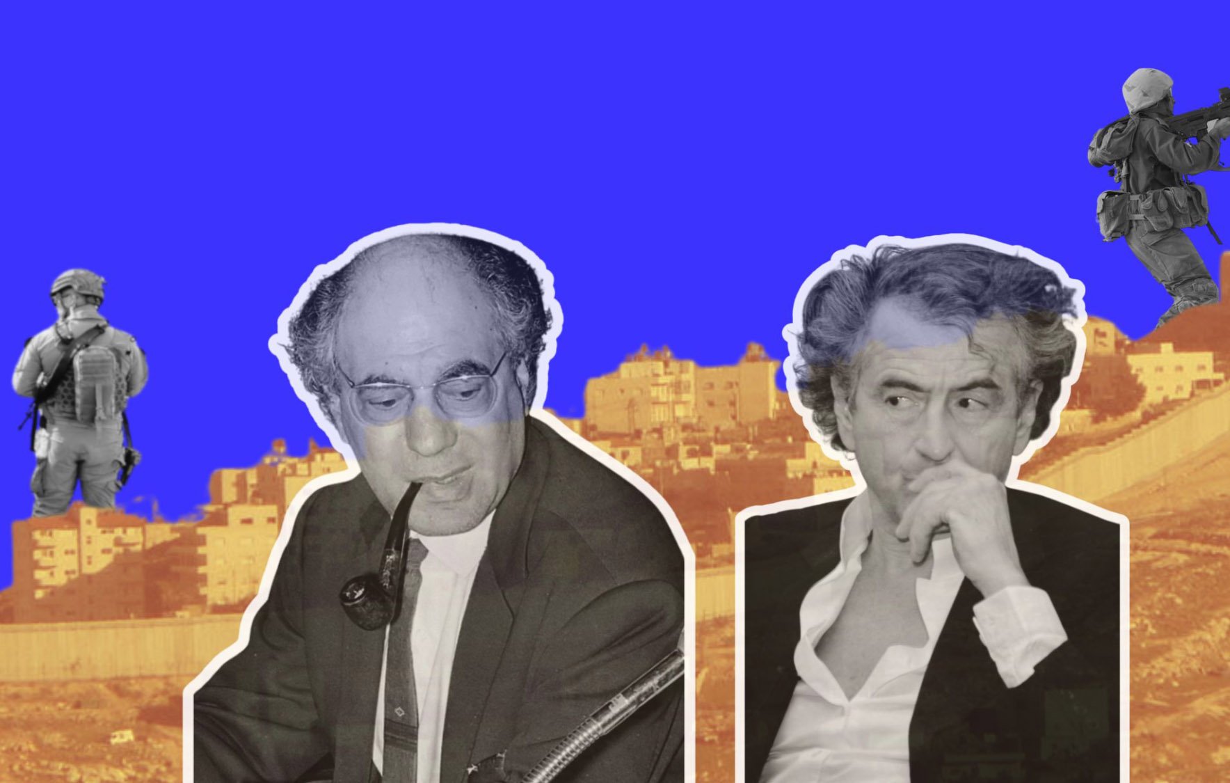 این تصویر شامل دو شخصیت است که ترکیبی از رنگ‌های مختلف و پس‌زمینه‌ای با تصویر شهری دارد. سمت چپ شخصی را با عینک و لوله‌کش مشاهده می‌کنیم که در حال نوشتن است. سمت راست، شخص دیگری با موی فر و حالت تفکر را می‌بینیم. پس‌زمینه تصویر نیز شامل ساختمانی و رنگ‌های زنده است که توجه را جلب می‌کند. در گوشه تصویر، یک سرباز نیز دیده می‌شود که نمایی از فعالیت‌های نظامی را به تصویر می‌کشد.