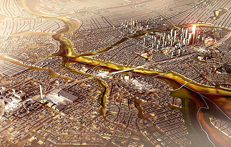 L'image montre une vue aérienne d'une grande ville futuriste. On peut voir un paysage urbain dense avec de nombreux bâtiments modernes, dont certains sont très hauts et imposants. Des routes et des voies ferrées traversent la ville, tandis que des rivières serpentent à travers le paysage. La lumière semble dégager une ambiance dorée, donnant une impression de prospérité et de développement. L'architecture semble variée, mélangeant styles modernes et traditionnels, et il y a des zones plus rurales ou moins densément peuplées en périphérie.