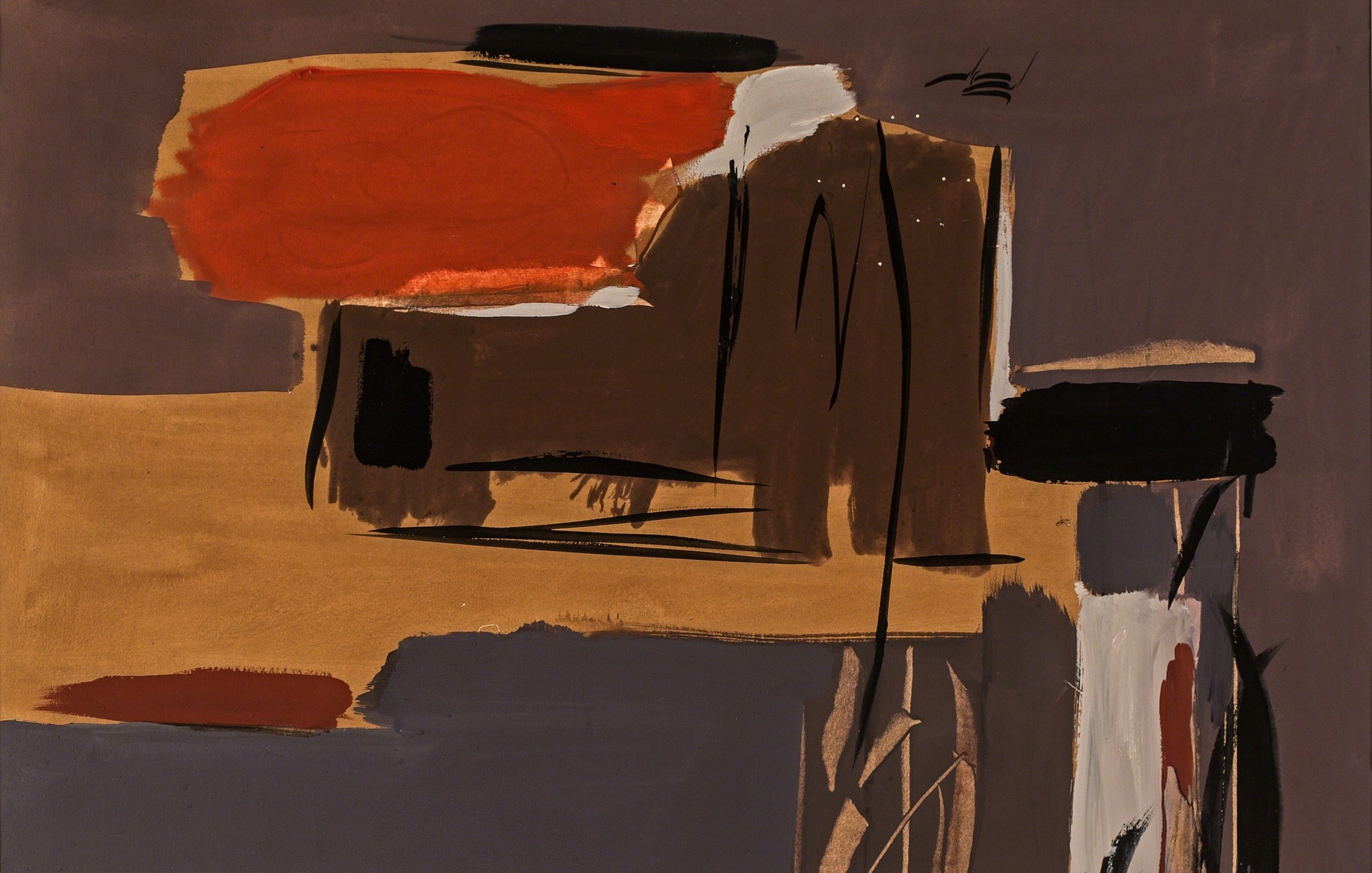 L'image présente une œuvre abstraite avec des formes et des couleurs variées. On y voit des tons de brun, de noir, d'orange et des touches de blanc qui s'entremêlent. Les formes semblent aléatoires, avec des traits de pinceau visibles et des blocs de couleur qui créent un contraste. L'ensemble donne une impression de dynamisme et d'émotion, typique de l'art abstrait.