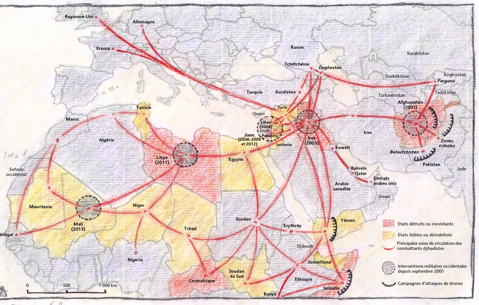 L'image représente une carte géographique qui illustre les itinéraires et les connexions entre différents pays et régions en relation avec des mouvements d'insurgés. On y voit des couleurs, probablement des zones prioritaires ou des états d'insurrection, ainsi que des flèches rouges qui symbolisent les chemins ou les influences des combattants. Les annotations en bas indiquent des campagnes et des événements spécifiques à partir de septembre 2001, suggérant une analyse des dynamiques de conflits et de l'extrémisme dans cette région. L'ensemble donne une vue d'ensemble des interactions géopolitiques et des défis sécuritaires.