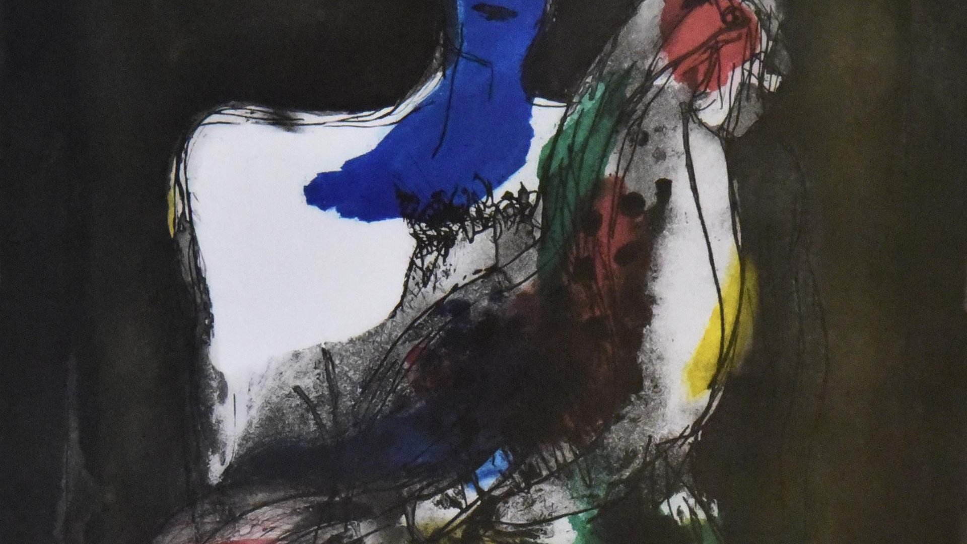 L'image représente une silhouette stylisée d'une figure humaine, avec une peau de couleur bleu vif. La personne semble tenir un drapé coloré avec des nuances de rouge, jaune et vert. Le fond est sombre, mettant en valeur les couleurs vives de la figure et du drapé. Le style semble être influencé par l'art moderne, avec des lignes fluides et des formes abstraites.