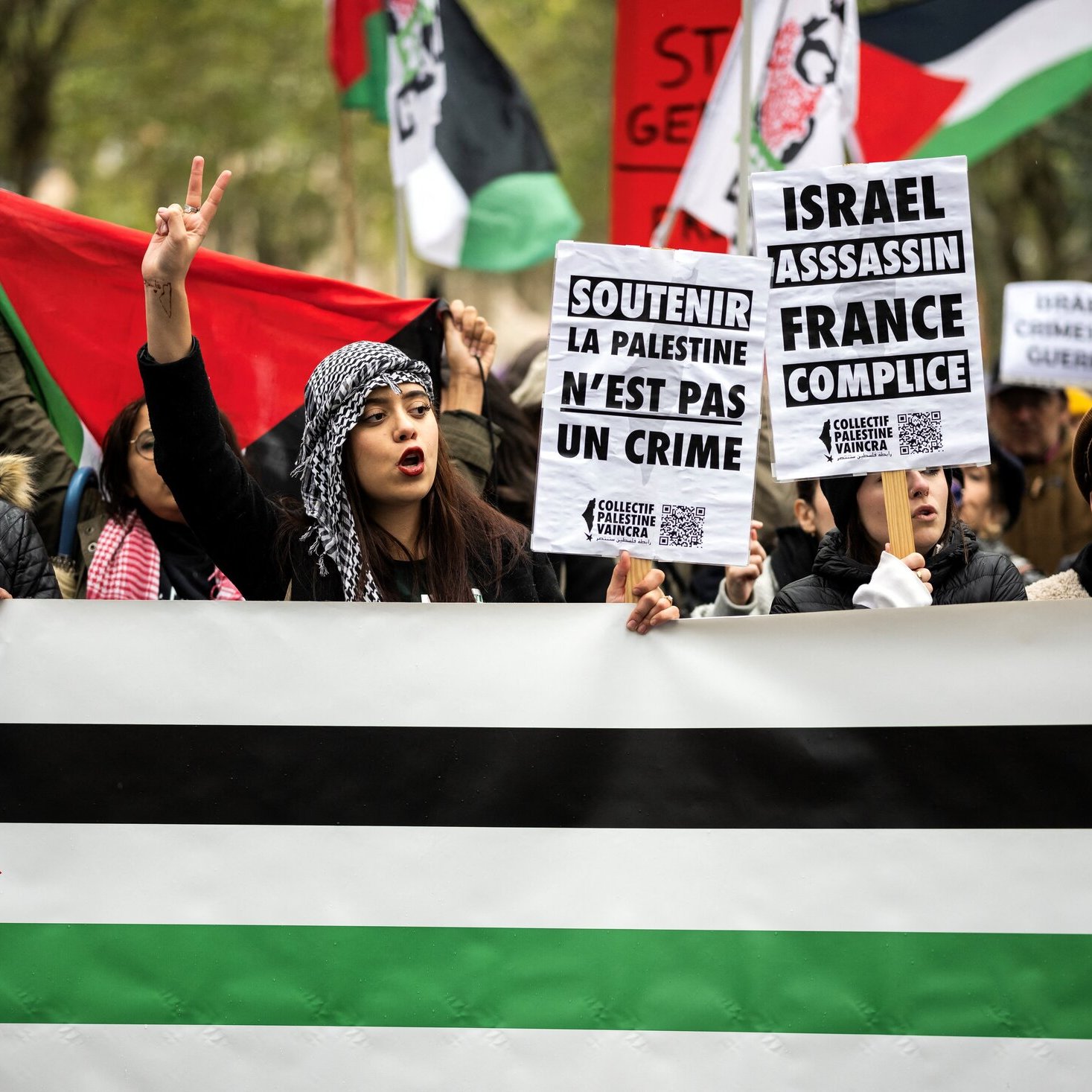 L'image montre une manifestation avec des personnes brandissant des pancartes et des drapeaux. Au premier plan, on voit une femme portant une écharpe avec un motif traditionnel qui exprime un message pacifiste en levant les deux doigts. Les pancartes contiennent des slogans concernant la Palestine, ainsi que des accusations contre Israël. À l'arrière-plan, des drapeaux aux couleurs du drapeau palestinien sont visibles, créant une atmosphère de revendication politique et de solidarité.