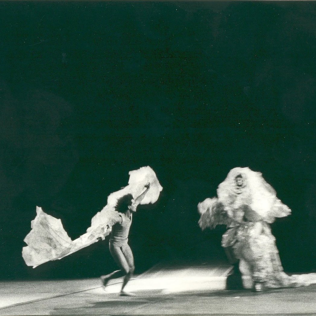 تشير الصورة إلى مشهد من عرض فني، حيث يظهر شخص يرتدي زيًا بسيطًا يجري في اتجاه واحد ممسكًا بقماش أو قطعة من القماش كبيرة يرتديها زميله في الاتجاه الآخر. يبدو أن الخلفية مظلمة، مما يبرز الأشكال بشكل جيد، ويعطي إحساسًا بالحركة والديناميكية. الأزياء في الصورة قد تشير إلى أداء مسرحي أو عرض راقص.