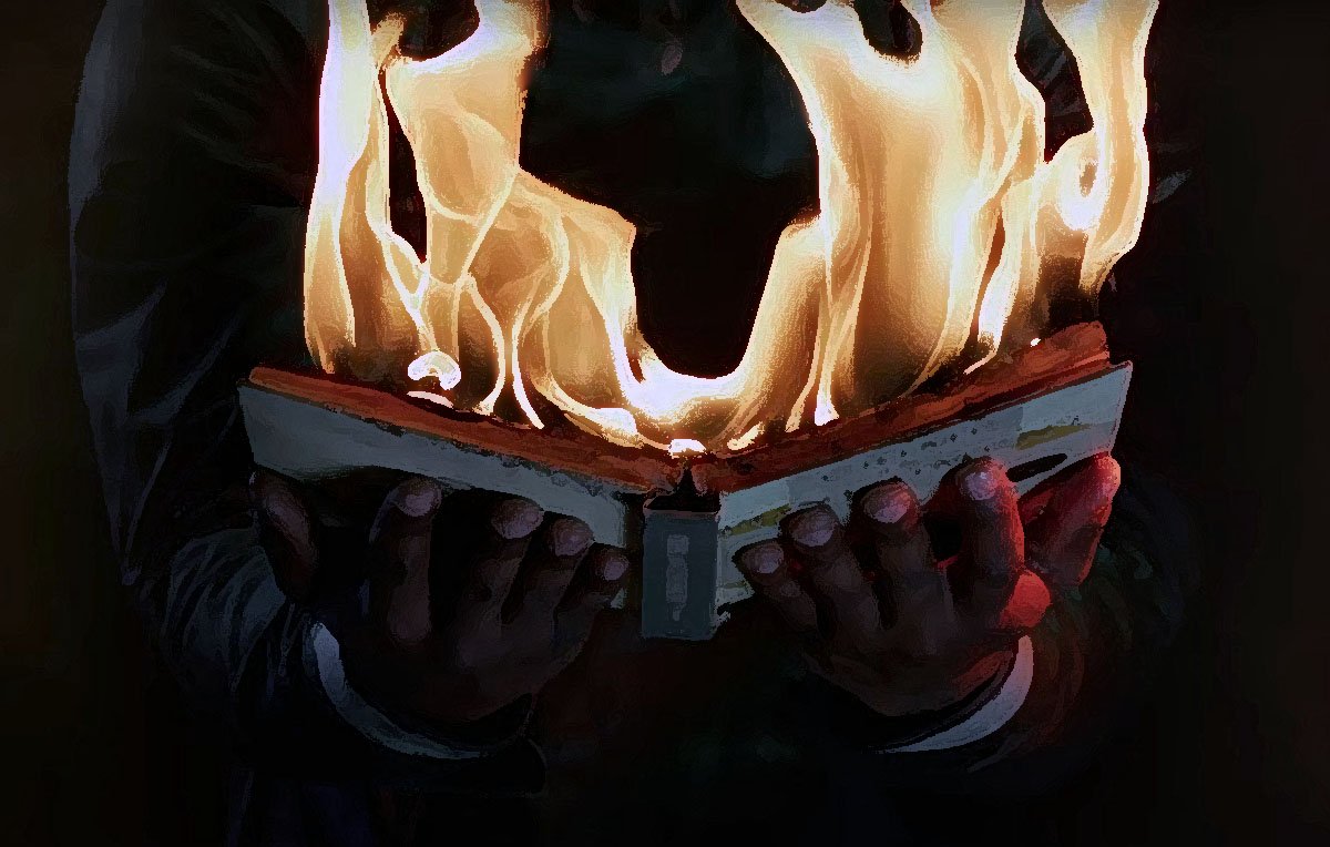 L'image montre un livre ouvert qui est en flammes. Les pages sont consumées par le feu, créant une impression intense et dramatique. Les mains qui tiennent le livre sont visibles, et l'arrière-plan est sombre, ce qui fait ressortir le contraste avec les flammes vives. Cette scène pourrait évoquer des thèmes de destruction, de passion ou de la lutte contre des idées.