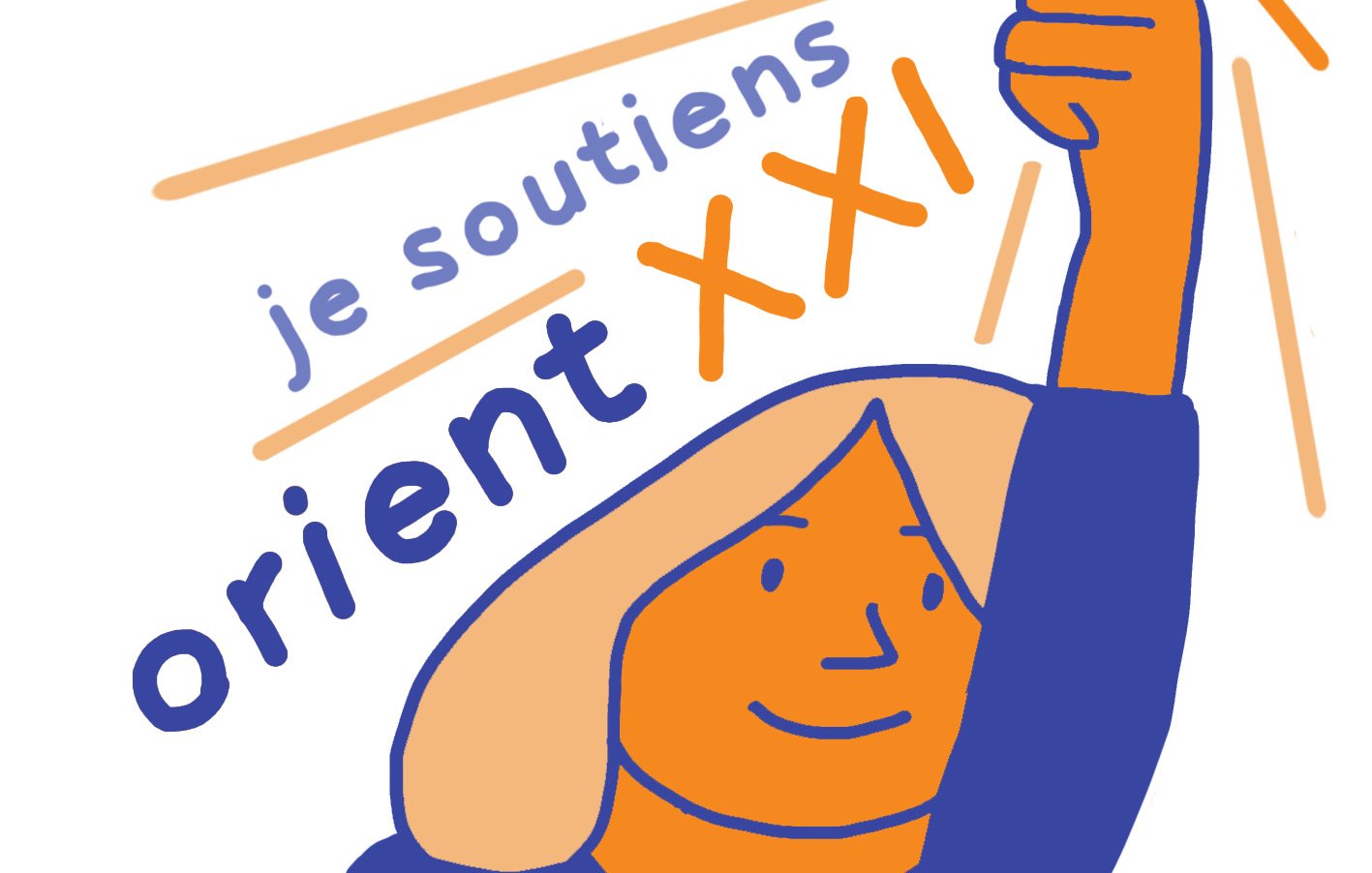 L'image représente une illustration stylisée d'une personne levant une main, tenant une pièce de monnaie. La figure est simplifiée avec des traits esquissés et des couleurs vives, principalement en orange et bleu. À côté, le texte "je soutiens orient XXI" est écrit, mettant en avant un message de soutien ou de solidarité. Des rayons lumineux émanent de la pièce, symbolisant peut-être l'impact positif ou l'importance de l'action.