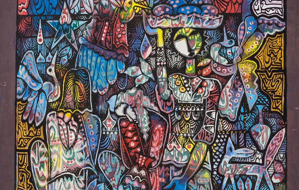 L'image semble être une œuvre d'art abstrait riche en couleurs et en motifs. Elle présente une multitude de formes et de personnages stylisés, créant une composition dynamique et complexe. Les couleurs vives, telles que le rouge, le bleu et le vert, s'entrelacent avec des motifs graphiques, ajoutant une texture visuelle intéressante. L'ensemble donne une impression de mouvement et d'énergie, invitant le spectateur à explorer les détails de cette création artistique.