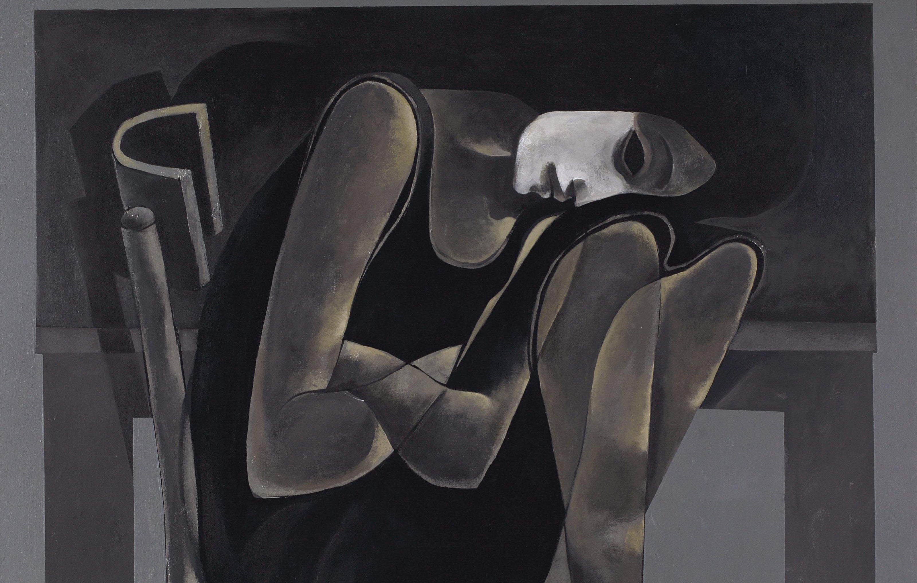 L'image montre une figure stylisée, assise sur une chaise. La personne est courbée, les genoux repliés contre son corps, et elle semble perdue dans ses pensées. La palette de couleurs est principalement composée de nuances de gris, de noir et de blanc, créant une atmosphère sombre et introspective. Les formes sont simplifiées et dépouillées, ce qui renforce le sentiment d'isolement et de mélancolie. L'œuvre transmet une impression de vulnérabilité et de contemplation.