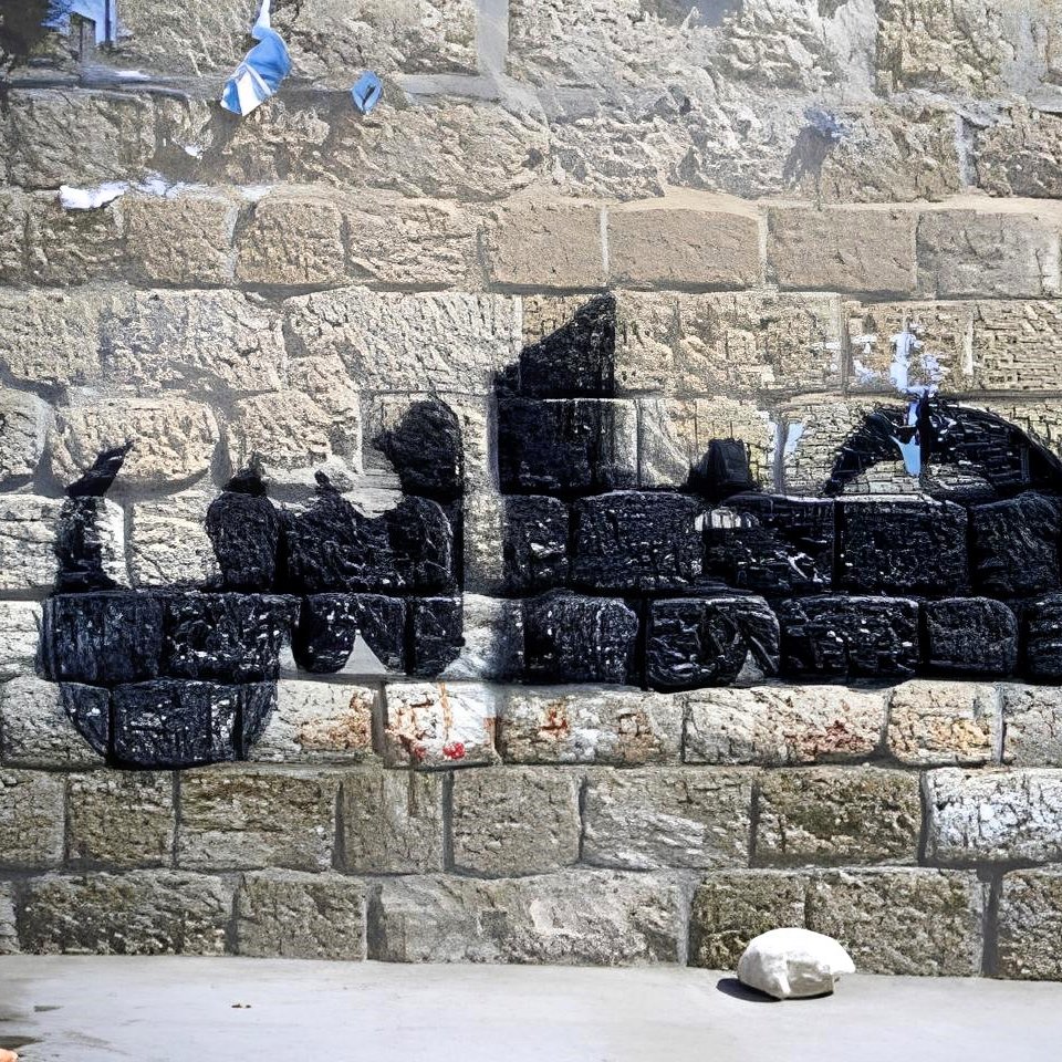 L'immagine mostra un murale su un muro di pietra. Il disegno rappresenta una silhouette di un veicolo, probabilmente un camion, realizzato con vernice nera. Le linee e le forme sono stilizzate, creando un contrasto con la texture della parete di pietra. Sul muro si notano anche resti di manifesti strappati e segni di usura, che aggiungono carattere e storia all'ambiente.