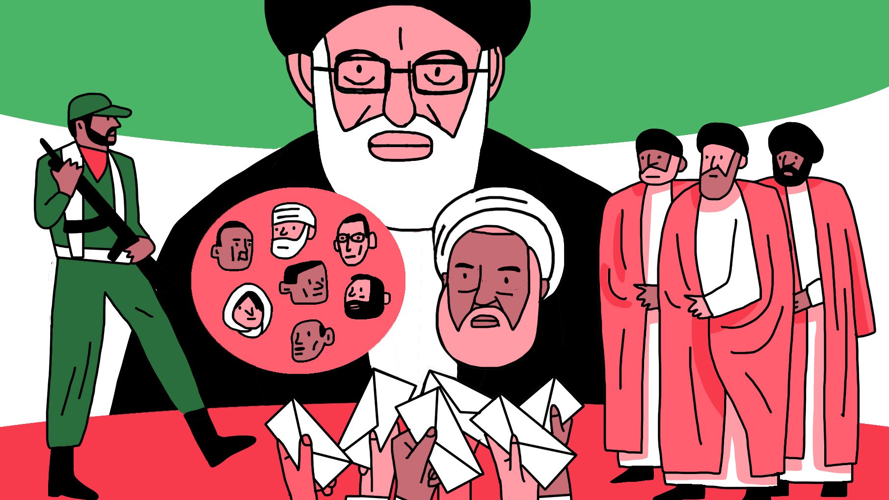 La imagen presenta una ilustración con varios elementos simbólicos. En el centro, se destaca una figura que parece ser un líder religioso, con barba y gafas, rodeado de un fondo que incluye los colores verde y blanco, que podrían representar la bandera de Irán. A su lado, hay un soldado armando, lo que sugiere un contexto militar o de defensa. En la parte inferior, se muestran varias cartas o sobres, que podrían simbolizar elecciones o comunicaciones. Además, hay un grupo de personajes estilizados, que podrían representar a diferentes sectores de la sociedad o a personas afectadas por un conflicto. La imagen transmite una sensación de tensión política y social.