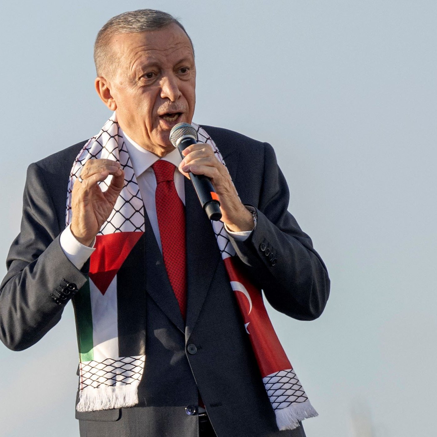 در تصویر، فردی در حال سخنرانی است و یک شال با طرح فلسطینی به گردن دارد. او کت و شلوار رسمی به تن دارد و در حال بیان نقطه نظراتش به یک جمعیت یا در جمعی از افراد قرار دارد. پس‌زمینه تصویر آسمان روشن است و به نظر می‌رسد که او در یک رویداد عمومی یا سیاسی شرکت کرده است.