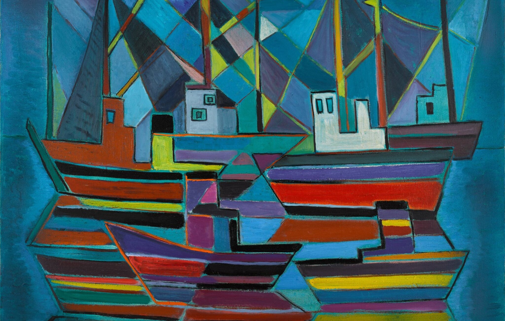 L'image représente une peinture abstraite de bateaux colorés. Les formes géométriques sont superposées et naviguent sur un fond bleu vif. Les bateaux sont de différentes tailles et sont peints dans des couleurs vives, comme le rouge, le jaune et le vert, avec des détails contrastants. L'utilisation de lignes angulaires et de motifs donne une impression dynamique, évoquant une scène maritime moderne et stylisée.