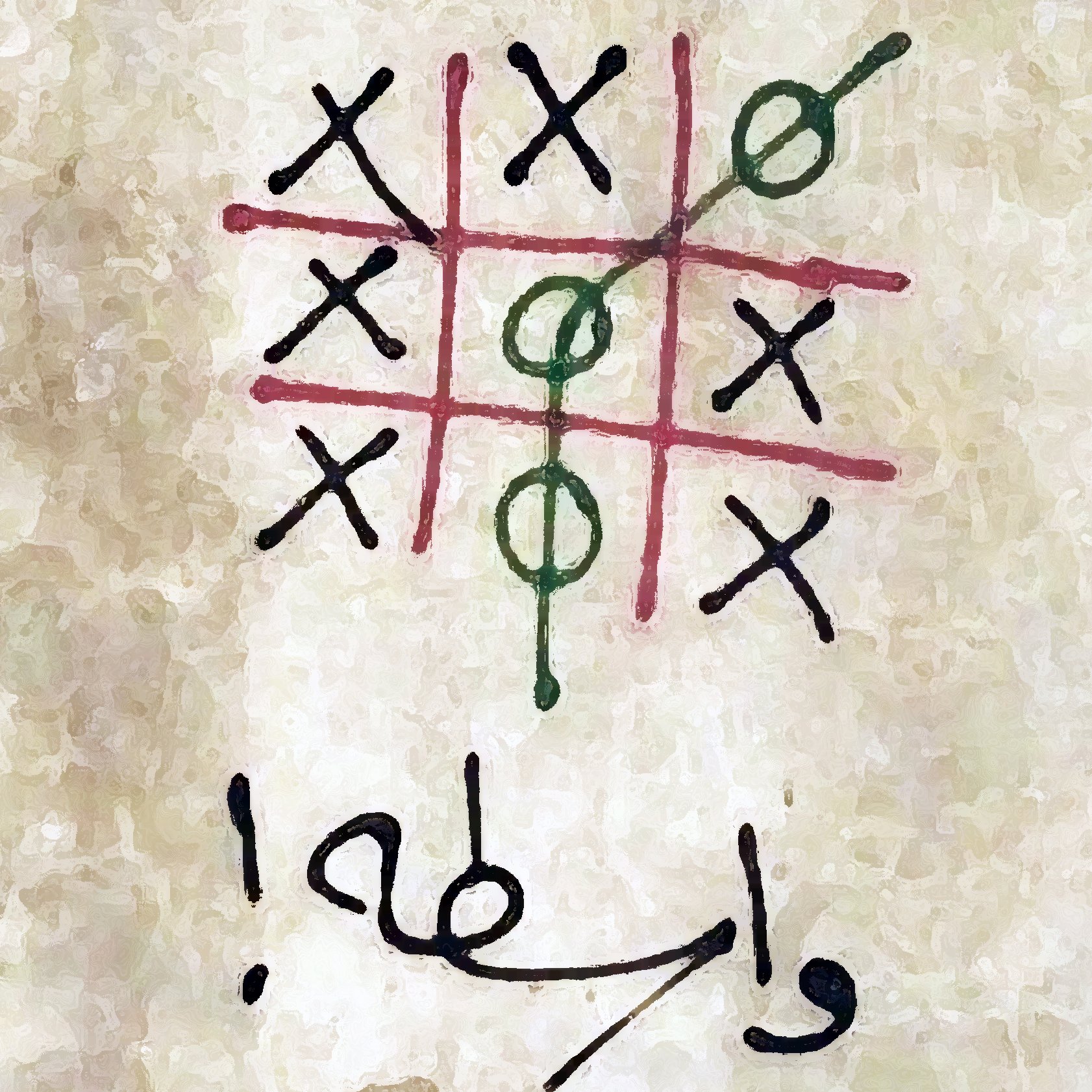 L'image représente une grille de jeu de "Tic-Tac-Toe" (ou " puissance 4") dessinée sur un fond beige. Les symboles X et O sont disposés dans la grille, où des X sont en position dominante, et une victoire pour O est indiquée par un trait qui traverse les trois cercles. En dessous, il y a des inscriptions en arabe qui semblent exprimer une phrase ou une exclamation.