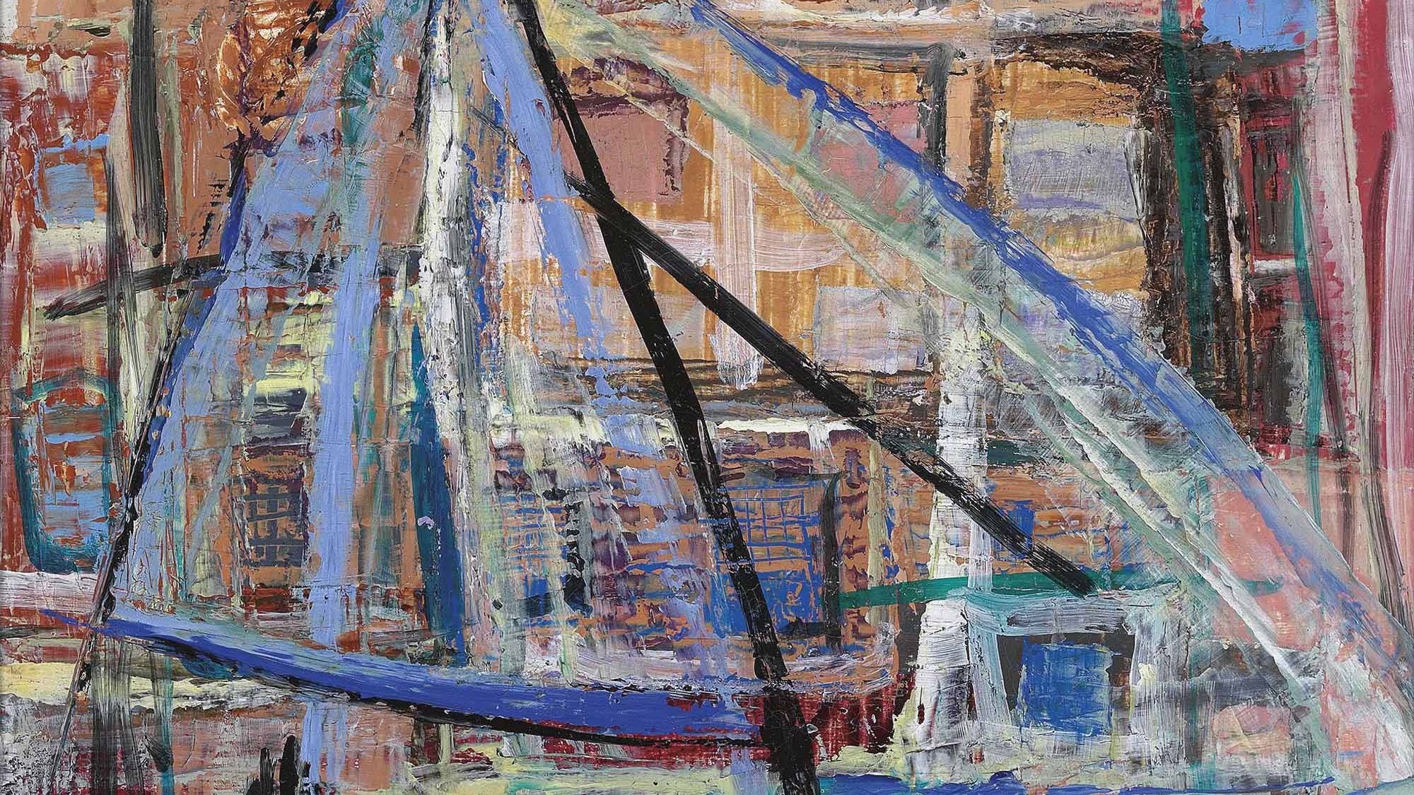 L'image représente une peinture abstraite d'un bateau à voile. Les couleurs sont vives, avec des nuances de bleu, rouge et orange. Le bateau est stylisé, avec des voiles blanches qui se détachent sur un fond texturé, évoquant une scène maritime dynamique. Les coups de pinceau sont lâches et expressifs, créant une impression de mouvement et de vie dans l'eau. Le tout dégage une atmosphère artistique et contemporaine.