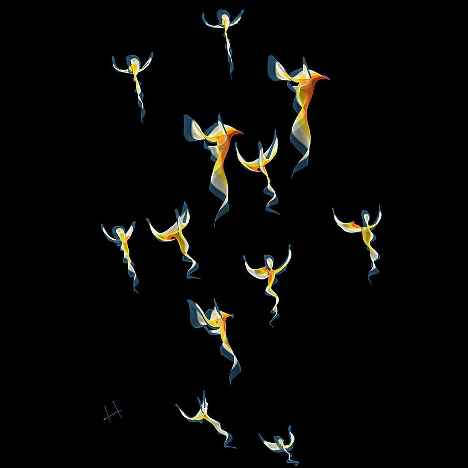 L'image présente une série de figures stylisées dans des tons jaunes et oranges, donnant l'impression d'êtres en mouvement. Ces formes ressemblent à des danseurs ou des créatures aériennes qui apparaissent en contraste sur un fond noir, ce qui crée une atmosphère dynamique et légère. Les figures semblent flotter ou s'élever, capturant une sensation de liberté et de grâce.