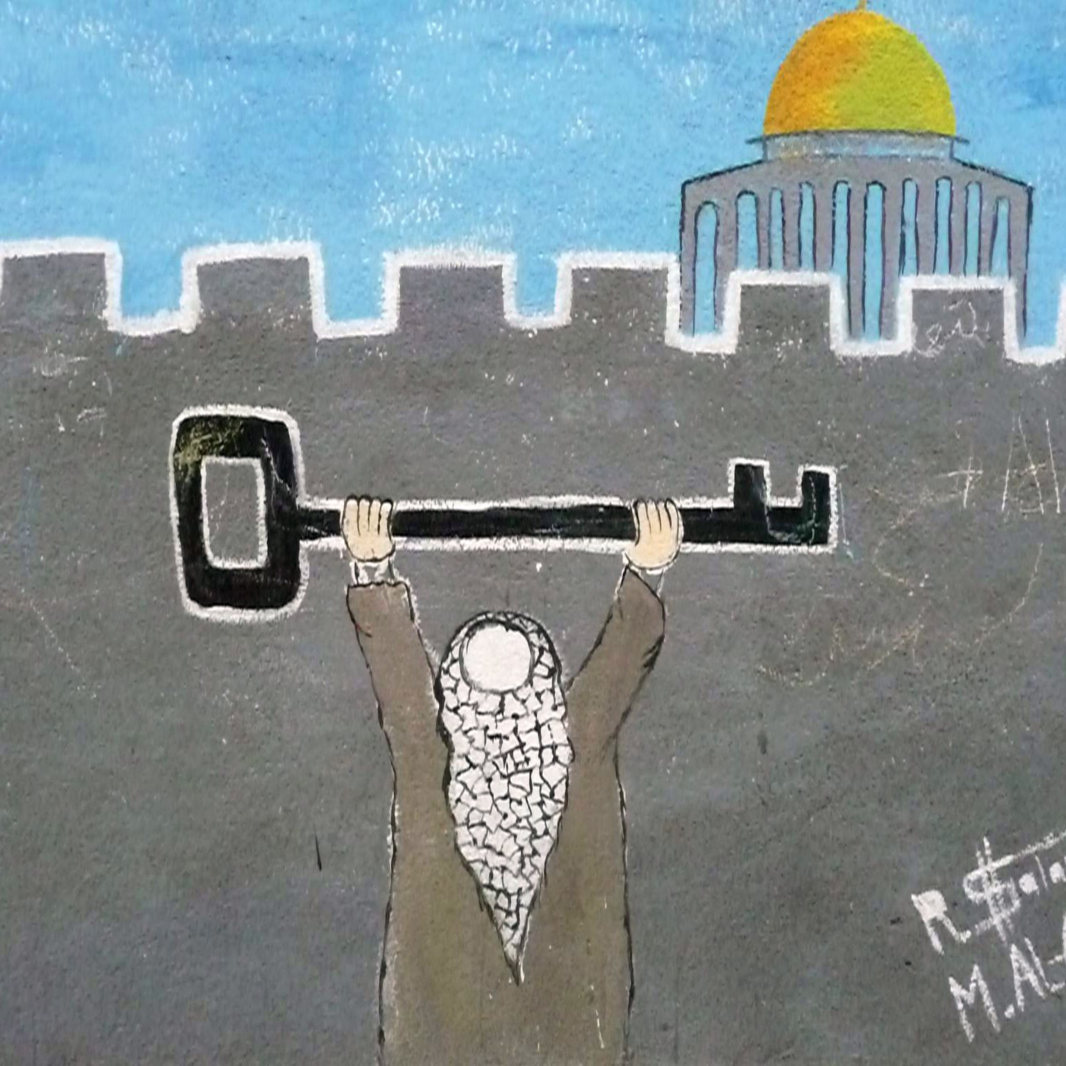 The image depicts a figure holding up a large key above their head, symbolizing hope or the right of return, set against a backdrop of a wall. In the distance, a dome topped building can be seen, likely representing a significant location. The overall tone suggests themes of struggle and aspiration related to identity and heritage.