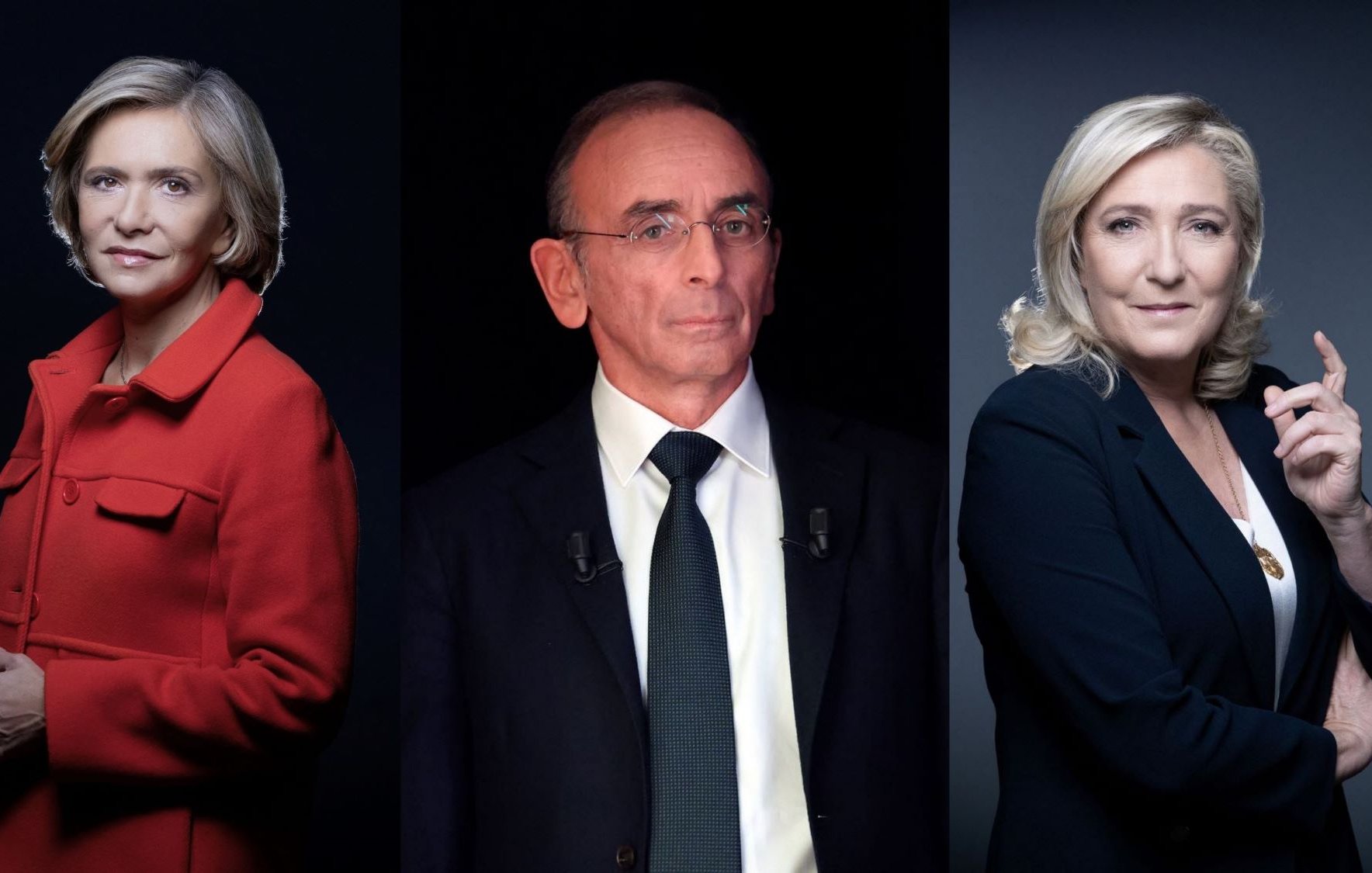 L'image présente trois personnes debout, chacune sur un fond sombre. À gauche, une femme avec des cheveux blonds et une coupe élégante, vêtue d'un manteau rouge, affiche une expression sérieuse. Au centre, un homme aux cheveux courts et lunettes, portant un costume noir et une cravate, semble contemplatif. À droite, une autre femme avec des cheveux blonds, coiffée de manière soignée et habillée en noir, pose avec confiance en pointant légèrement son doigt. L'ensemble dégage une ambiance professionnelle et déterminée.