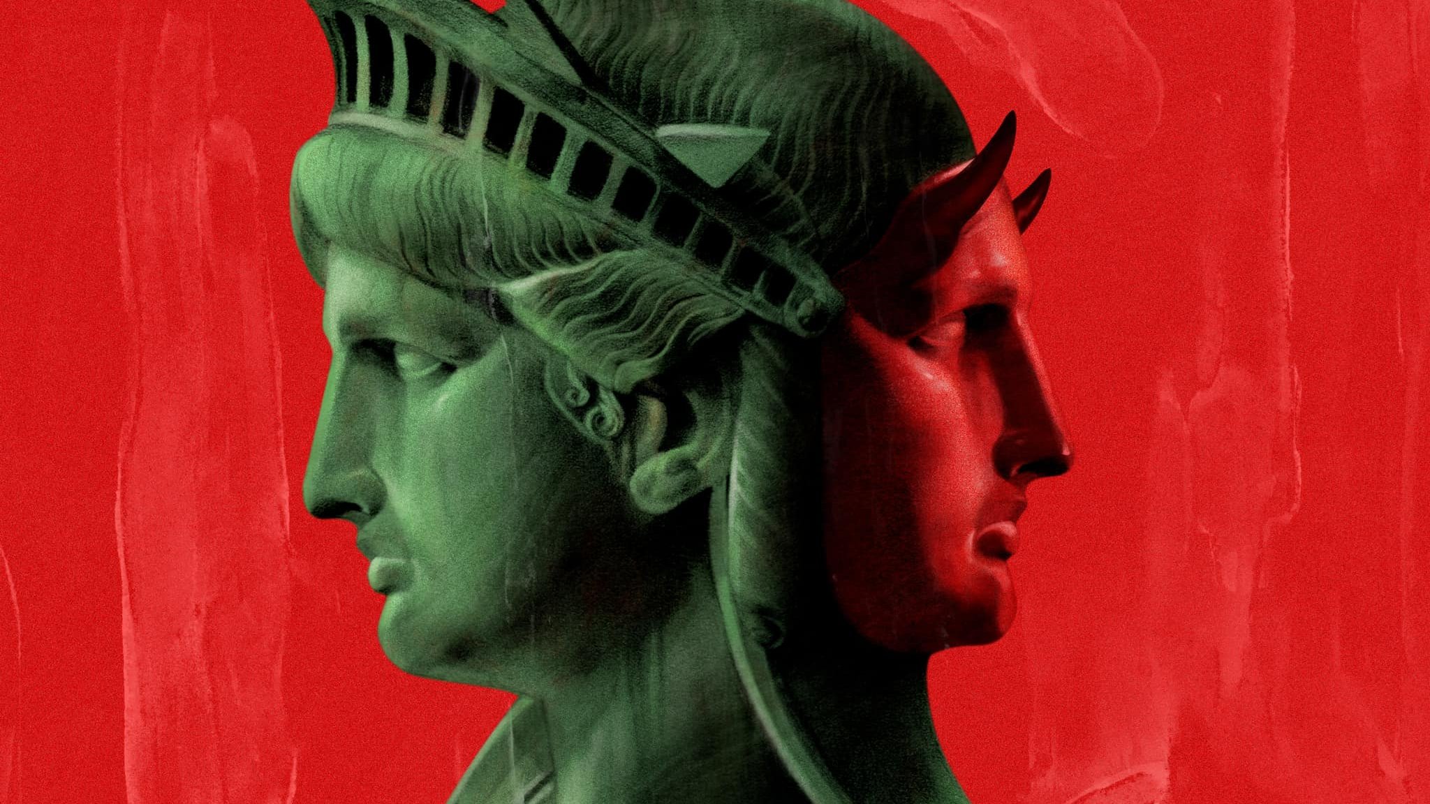 L'immagine presenta una reinterpretazione della Statua della Libertà, caratterizzata da un design stilizzato e moderno. La figura mostra due volti: uno in verde, rappresentante la tradizionale statua, e uno in rosso, con tratti distintivi. Lo sfondo è di un rosso intenso, creando un contrasto forte con le tonalità della statua. L'illustrazione combina elementi di arte classica e contemporanea, evocando temi di libertà e identità.