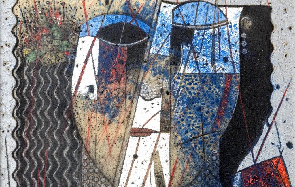 L'image présente une œuvre d'art abstraite avec des formes géométriques et des couleurs vives. On peut voir des visages stylisés, où des éléments comme des lignes et des motifs créent une texture riche. Les teintes de bleu, noir et rouge se mêlent, ajoutant une dimension dynamique à la composition. Les détails semblent suggérer une expression émotionnelle, tout en laissant place à l'interprétation personnelle.