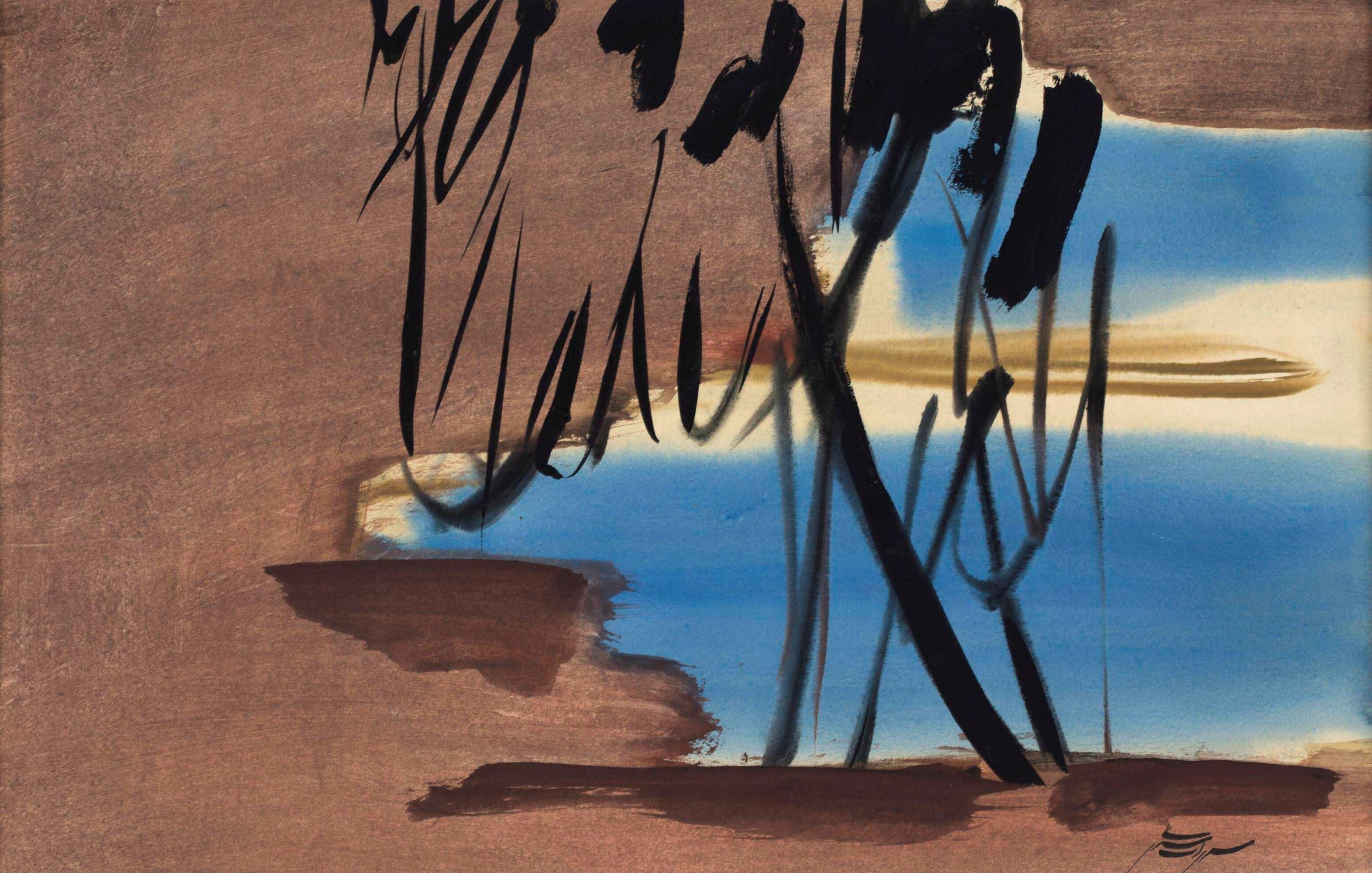 این تصویر یک اثر هنری انتزاعی به نظر می‌رسد. در پس‌زمینه، رنگ‌های قهوه‌ای و آبی به خوبی ترکیب شده‌اند. خطوط تیره و کشیده، مانند سایه‌هایی از درختان یا عناصر طبیعی، در تصویر حضور دارند. فضای کلی کار حس آرامش و سادگی را منتقل می‌کند و تضاد بین رنگ‌ها در آن قابل توجه است. طراحی به شکل آزاد و غیرمتعارف، نظر بیننده را جلب می‌کند و به احساسات مختلفی منجر می‌شود.