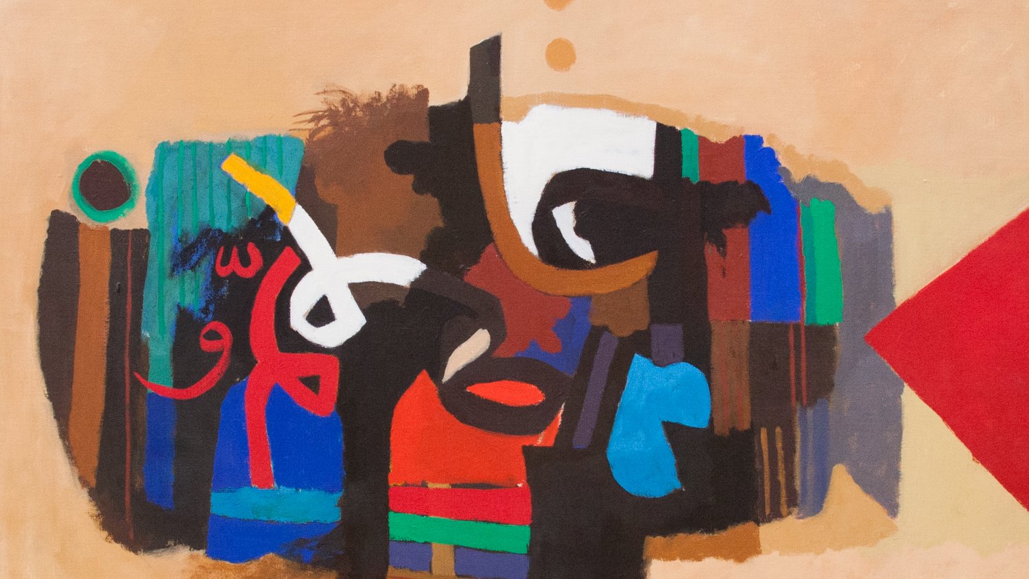 L'image représente une œuvre d'art abstraite, riche en couleurs et en formes géométriques. On y voit des motifs variés, comprenant des éléments de couleur rouge, noir, bleu, vert et d'autres teintes, créant un contraste saisissant sur un fond beige. Les formes semblent évoquer des figures stylisées, et les couleurs sont appliquées de manière expressive, ajoutant une dimension dynamique à la composition. L'ensemble dégage une impression de mouvement et d'énergie, invitant à une interprétation personnelle.