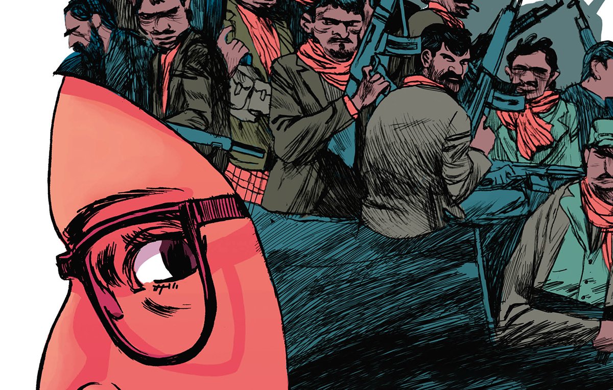 L'image représente un profil d'une personne portant des lunettes et un hijab. À l'arrière-plan, on voit des silhouettes d'hommes armés, semblant prêts à se battre, ce qui crée un contraste puissant avec le visage en avant-plan. Les couleurs utilisées sont vives, avec une prédominance de teintes rouges et sombres, ajoutant une atmosphère dramatique à l'ensemble. L'œuvre évoque des thèmes de conflit et de dualité entre la paix et la violence.