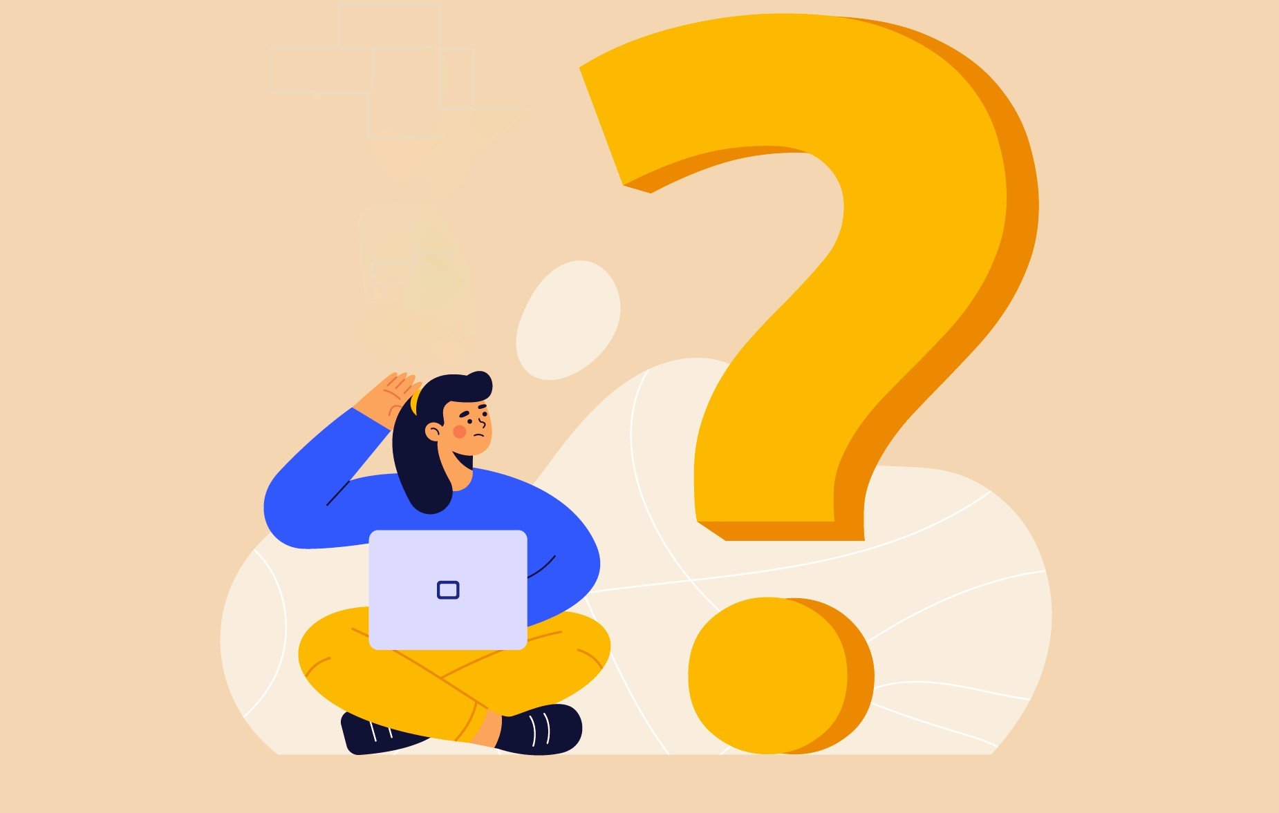L'image représente une personne assise en tailleur, utilisant un ordinateur portable. Elle semble contemplative, se tenant la tête avec une main, ce qui suggère qu'elle se pose des questions. À côté d'elle se trouve un grand point d'interrogation jaune, symbolisant l'incertitude ou la curiosité. L'arrière-plan est de couleur beige, avec des formes abstraites qui ajoutent une touche moderne à la scène.