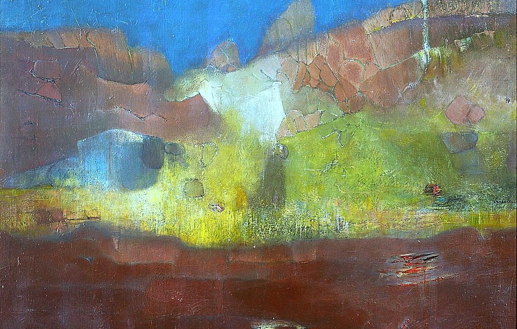 L'image représente une peinture abstraite aux nuances de bleu, de vert et de rouge. On y voit des formes floues et des textures qui évoquent des paysages naturels. Le mélange des couleurs crée une atmosphère de mystère et de rêve, laissant place à l'interprétation personnelle. Les tons de matériaux semblent fusionner, ajoutant une profondeur visuelle et une qualité suggestive à l'œuvre.