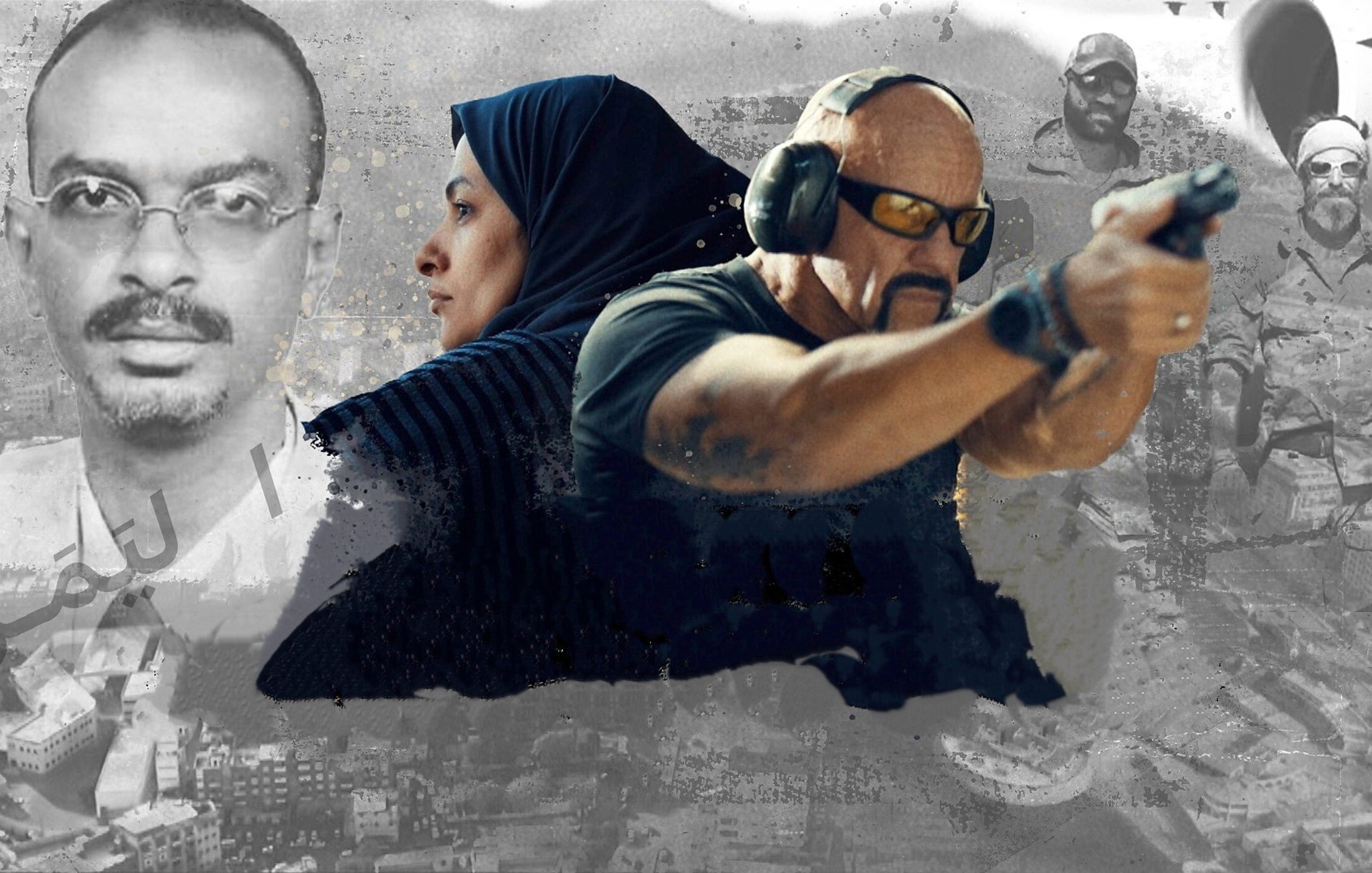 L'image montre une composition dynamique avec plusieurs éléments distincts. Au premier plan, on peut voir un homme musclé portant des lunettes et des oreillettes, tenant une arme, donnant une impression de tension ou d'action. À l'arrière-plan, il y a une femme portant un hijab, entourée de textures et d'éléments flous qui semblent évoquer une atmosphère urbaine ou de conflit. De plus, des visages ou des figures en noir et blanc, ainsi que des scènes en arrière-plan, ajoutent une dimension dramatique à l'ensemble, suggérant un contexte de thriller ou d'action. Les couleurs sont plutôt sombres, ce qui accentue l'intensité de l'image.
