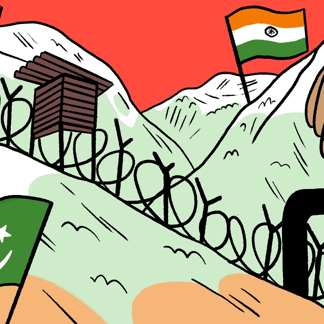 Des montagnes avec des drapeaux, un robinet et des barbelés.