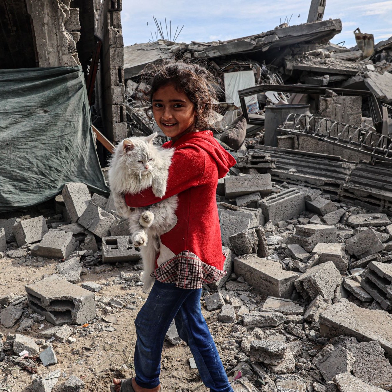 در این تصویر، دختربچه‌ای در حال خوشحالی دیده می‌شود که یک حیوان خانگی، احتمالاً یک خرگوش، را در آغوش گرفته است. او لباسی قرمز به تن دارد و با لبخند به دوربین نگاه می‌کند. پس‌زمینه تصویر نشان‌دهنده یک خرابه است، با دیوارها و سازه‌های ویران شده و قطعات بتونی که بر روی زمین پراکنده‌اند. احساس تصویر می‌تواند ترکیبی از شادی و غم باشد، زیرا کودک در حالی که در یک محیط خرابه زندگی می‌کند، از همراهی حیوان خانگی‌اش لذت می‌برد.
