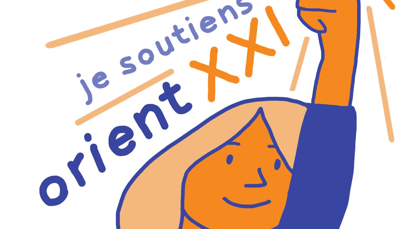 L'image montre une illustration stylisée d'une personne levant la main avec un symbole de l'euro. Les couleurs dominantes sont le bleu et l'orange. Le texte "je soutiens orient XXI" est écrit de manière dynamique, suggérant un message de soutien ou d'engagement. L'expression du personnage semble confiante et positive.